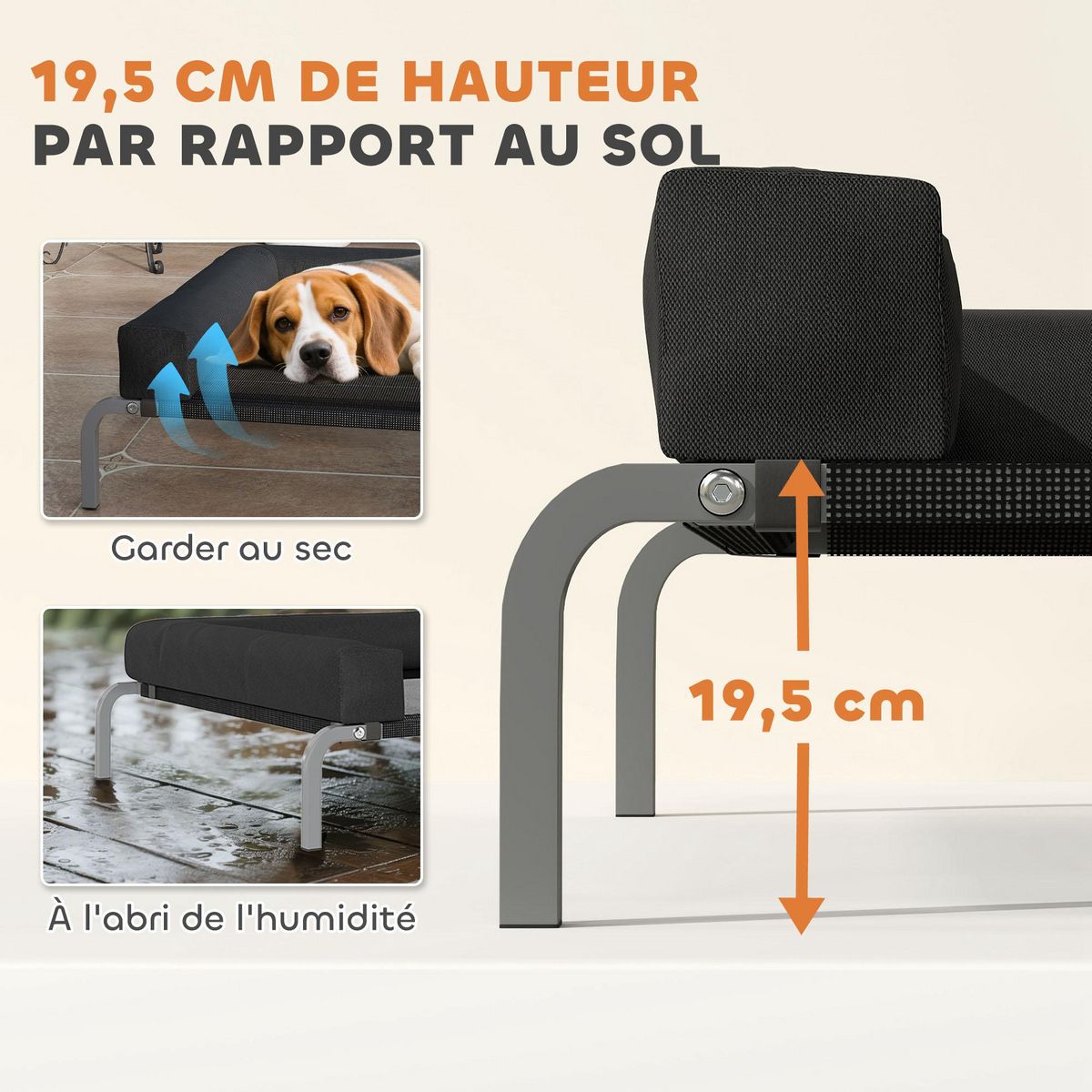 PAWHUT Transat pour animaux - lit pour chien - lit à pieds pour chien avec contour coussin dim. 110 x 75 x 30 cm - noir