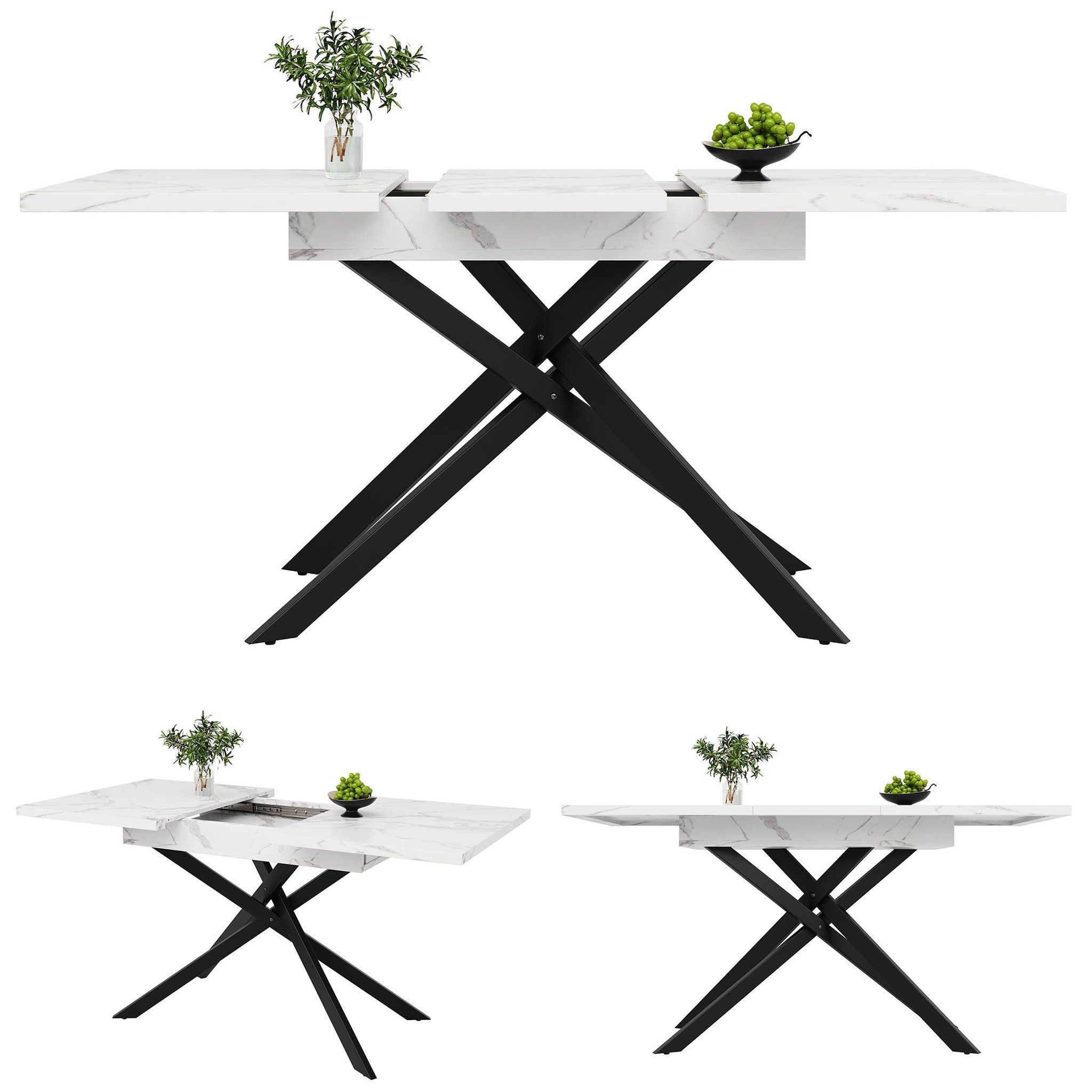 Voir la diapositive 4 : MERAX Table à manger rectangulaire avec allonge blanc+noir - 80x120-160max.cm mdf et métal