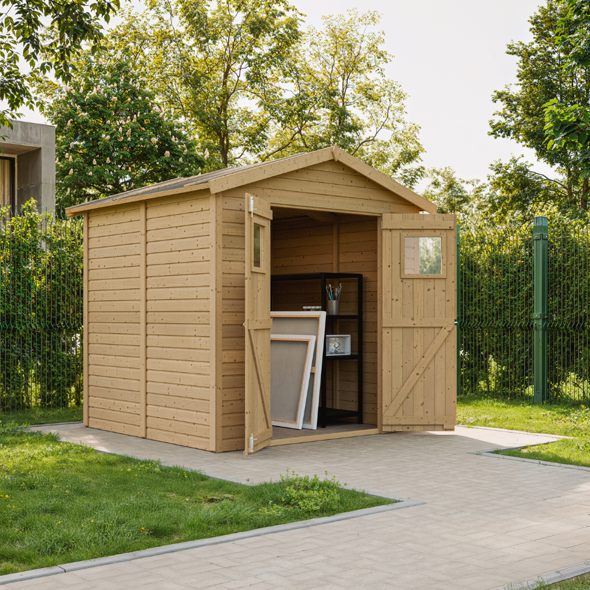 Voir la diapositive 4 : TIMBELA Abri de jardin en bois naturel stockage extérieur avec fenêtres h228x222x233 cm/4,2 m² m351