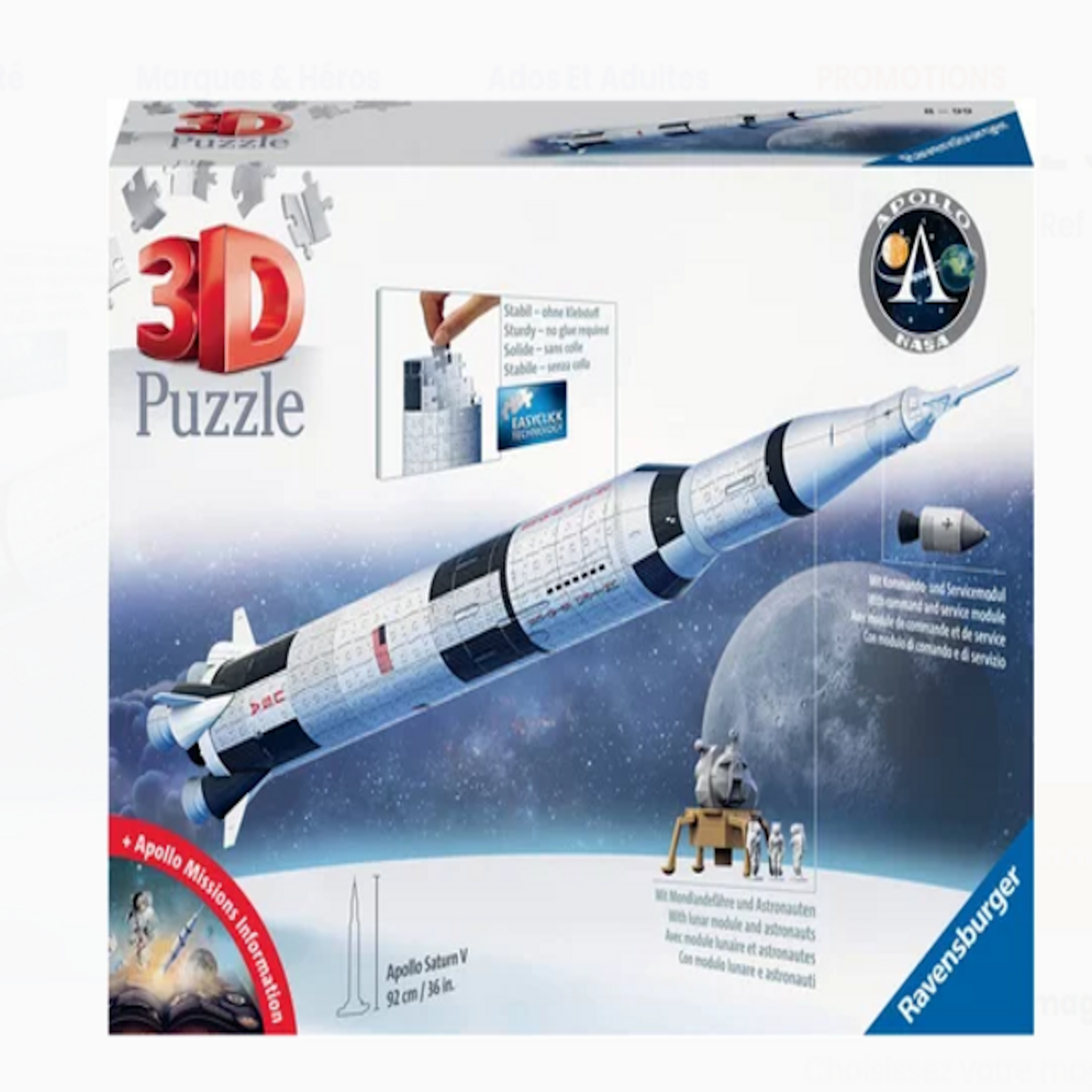 RAVENSBURGER Puzzle 3D 432 pièces – Fusée Apollo Saturn V – NASA – Maquette spatiale iconique – Ravensburger