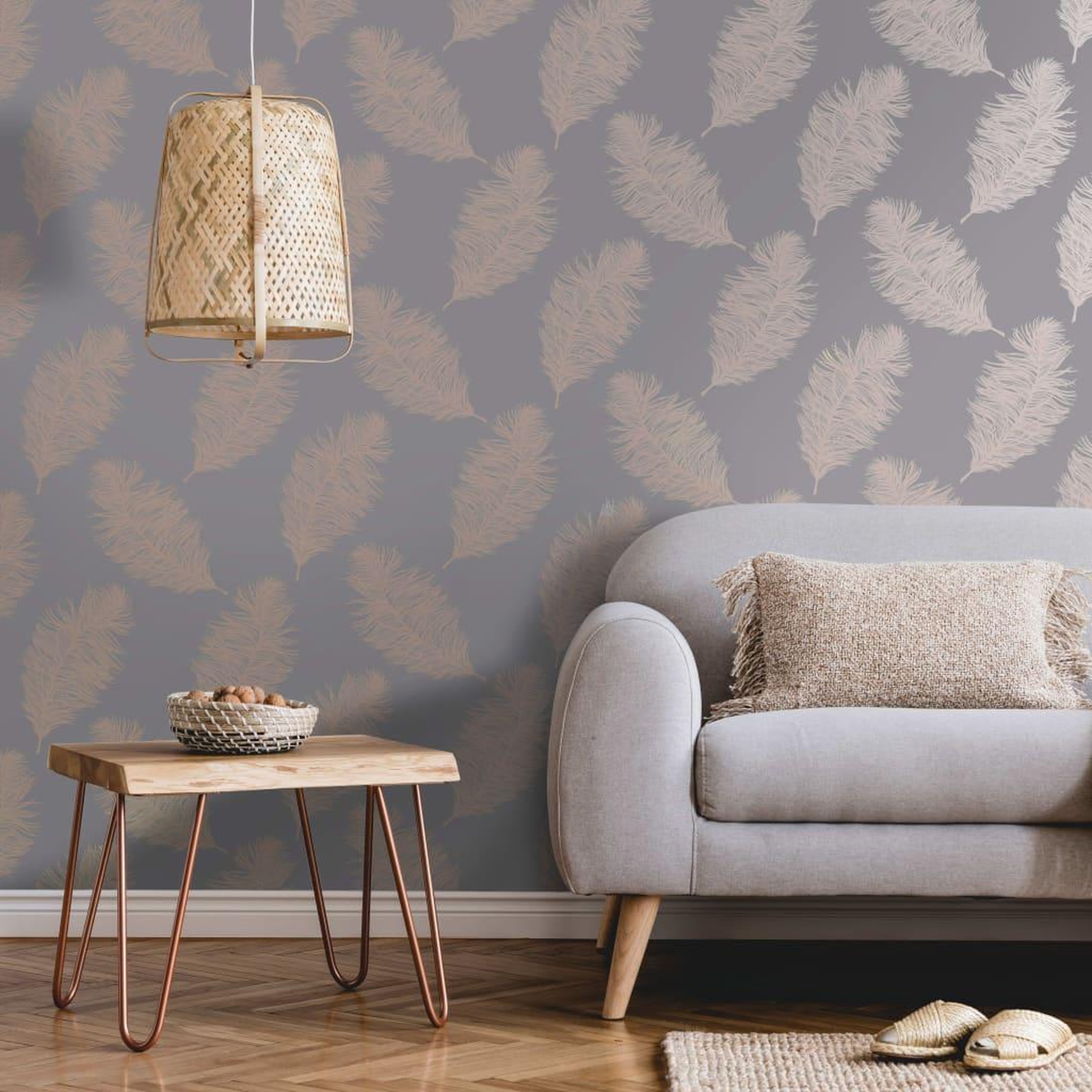 Voir la diapositive 3 : DUTCH WALLCOVERINGS DUTCH WALLCOVERINGS Papier peint Fawning Feather Gris et dore rose