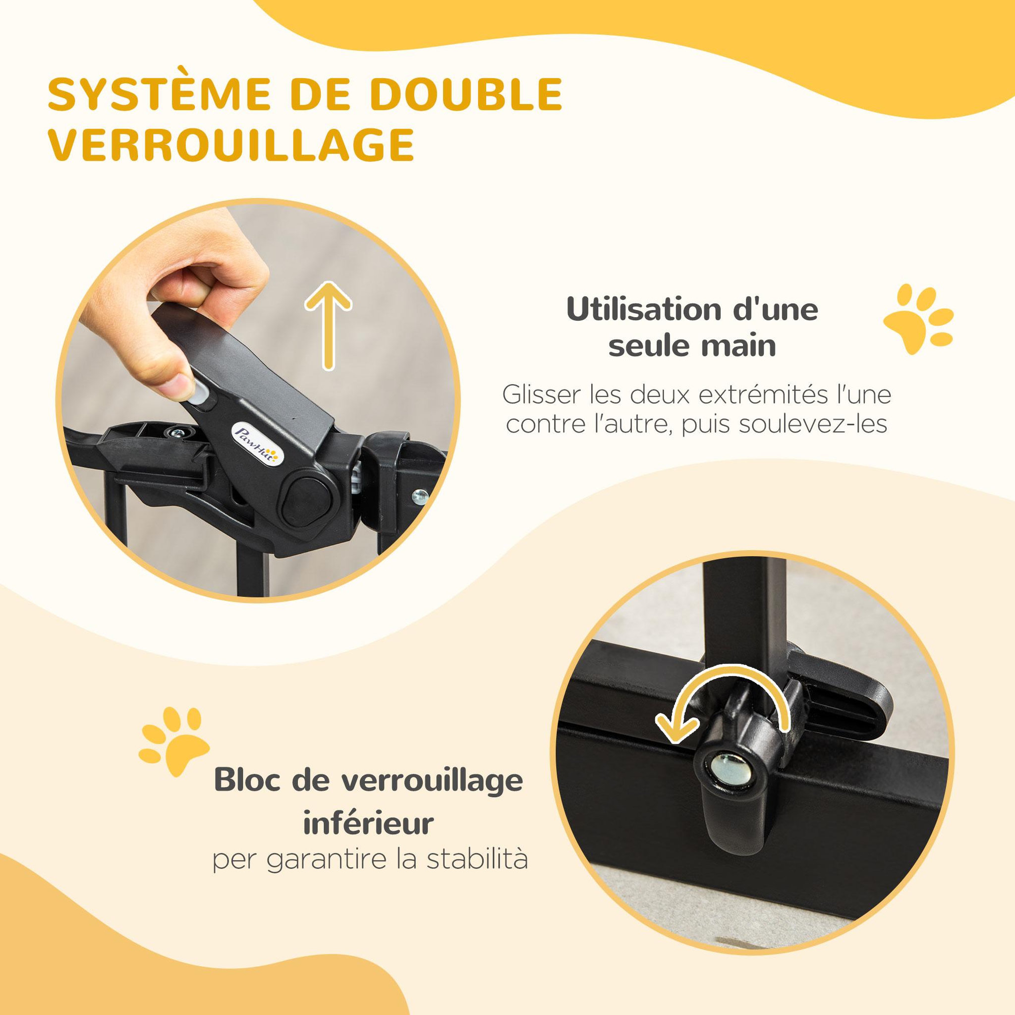 Voir la diapositive 4 : PAWHUT Barrière de sécurité animaux - longueur réglable dim. 74-80 cm - 2 portes verrouillables, ouverture double sens - sans perçage - acier noir pin