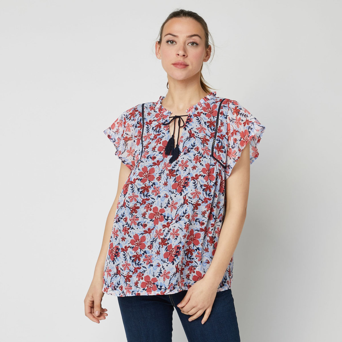 INEXTENSO Blouse manches papillons avec pompons à fleurs femme