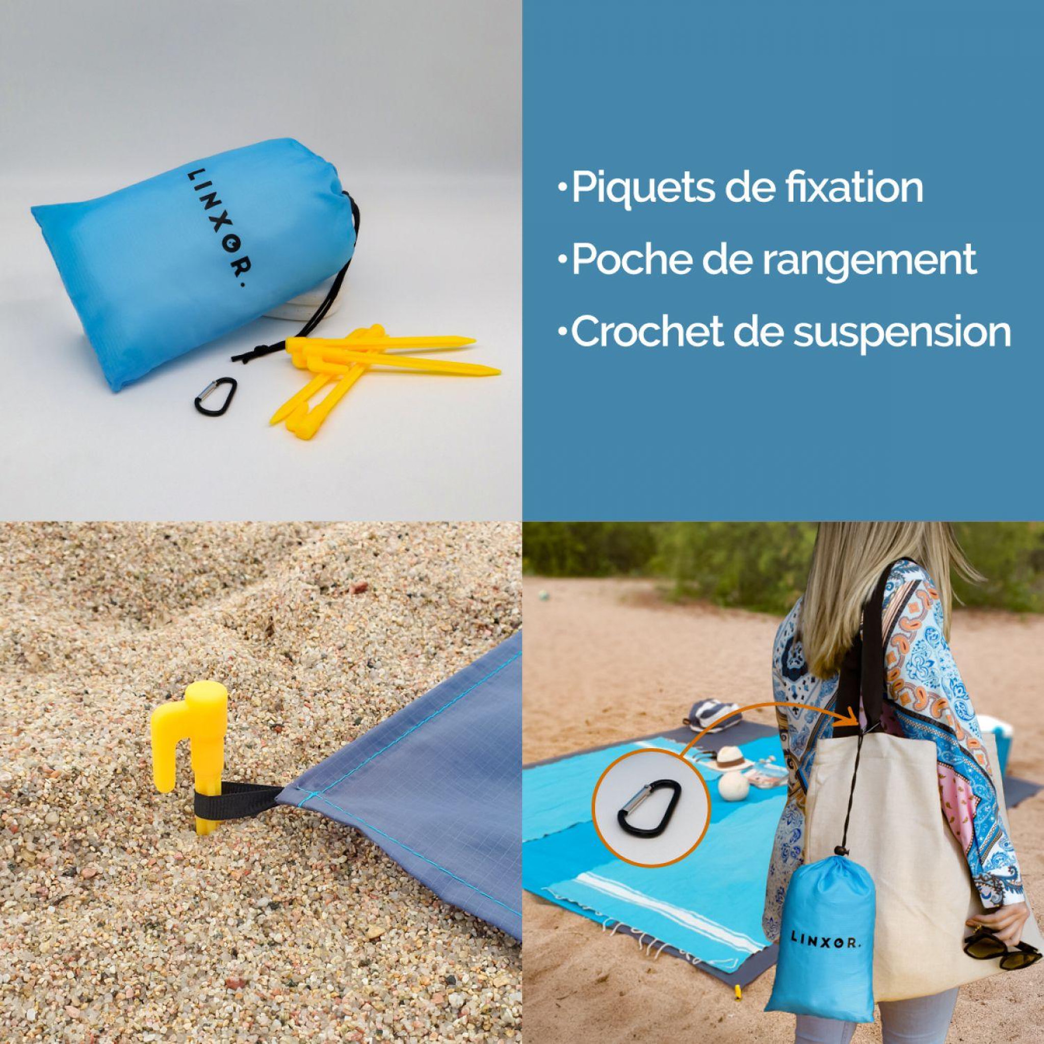 Voir la diapositive 4 : LINXOR Tapis de plage anti-sable imperméable 270 x 240 cm - Bleu et gris