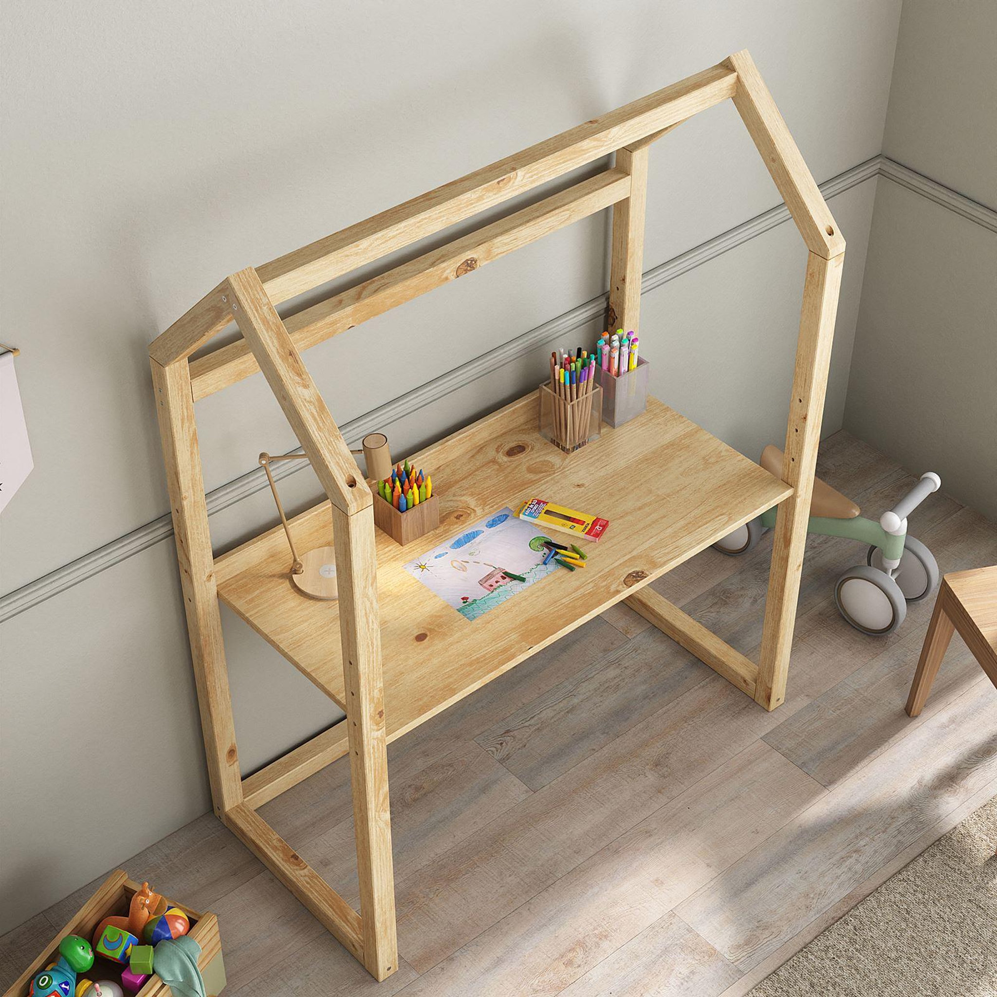 Voir la diapositive 4 : IDIMEX Bureau enfant évolutif TINA en forme de maison, en pin massif