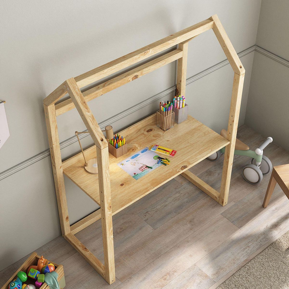 IDIMEX Bureau enfant évolutif TINA en forme de maison, en pin massif