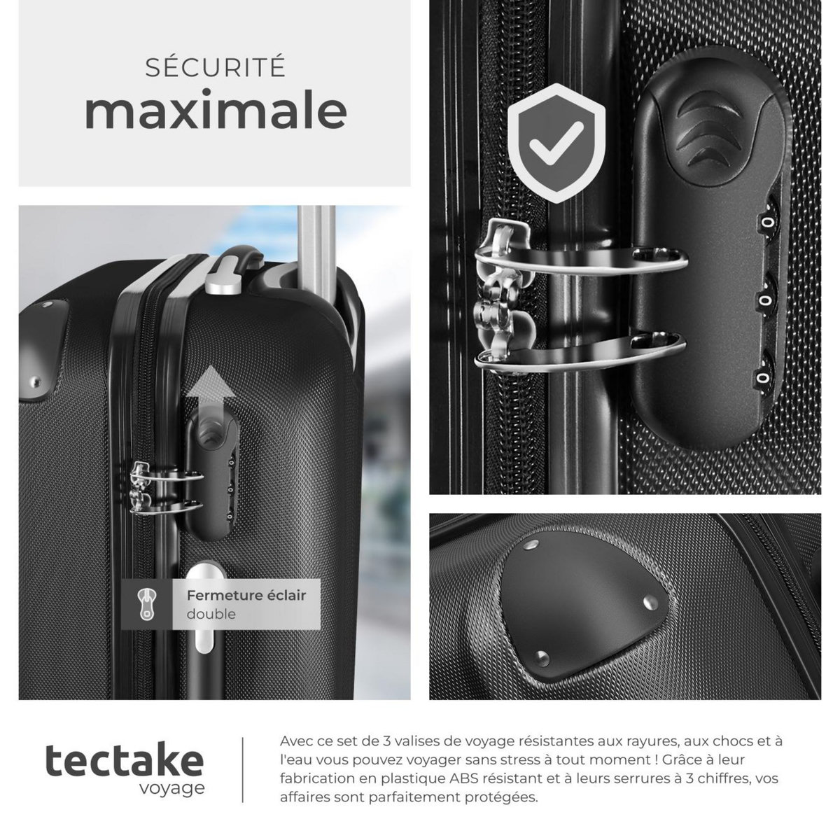 tectake Set de valises trolley rigides 3 parties, en plastique ABS robuste noir