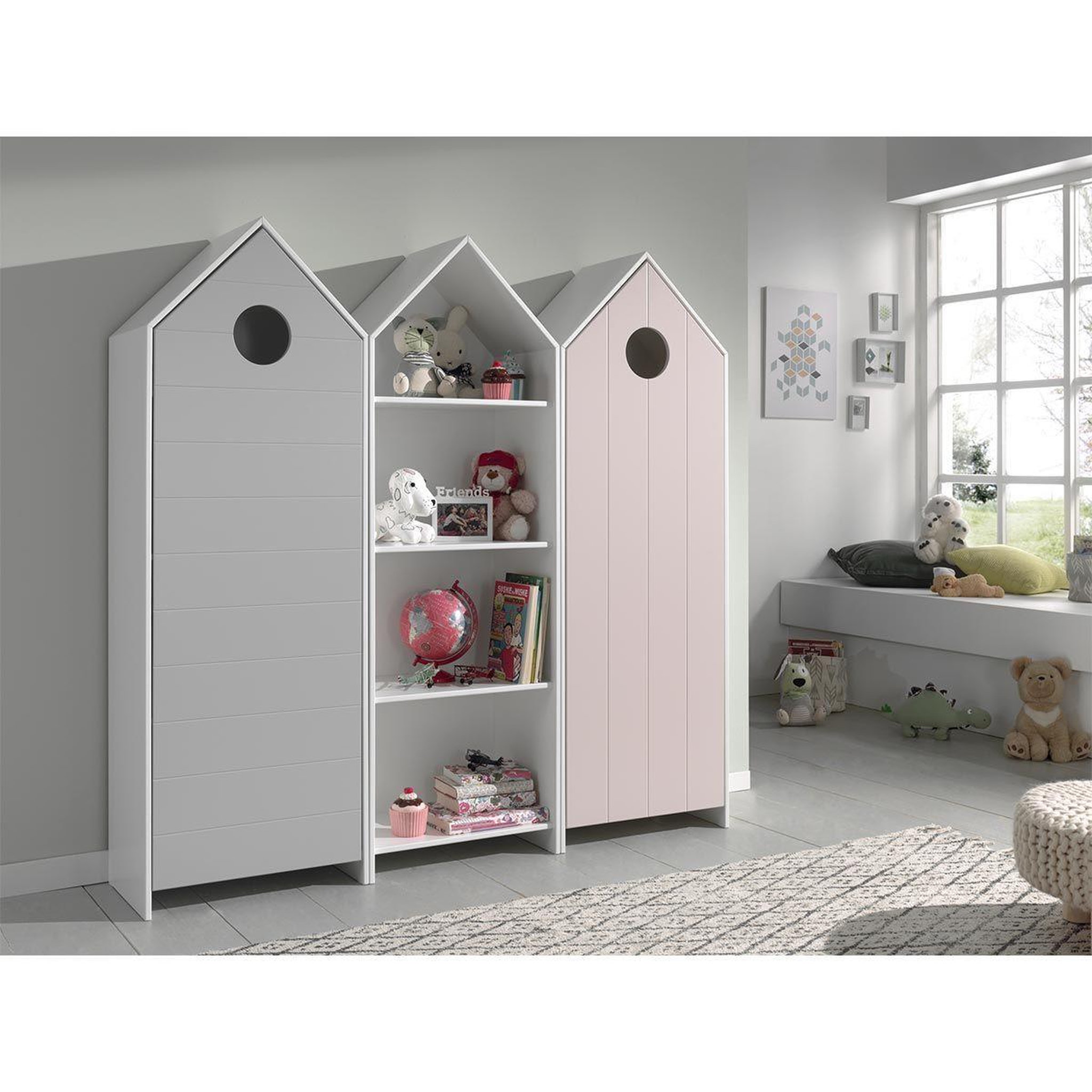 Paris Prix Pack - étagère enfant & 2 armoires  casami  blanc, gris & rose