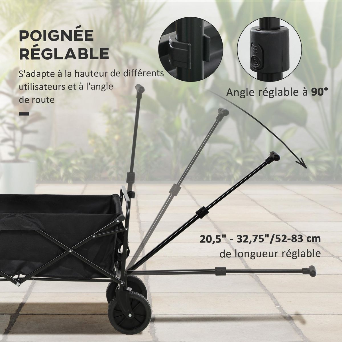 OUTSUNNY Chariot de jardin pliable 4 roues poignée télescopique réglable rangements noir