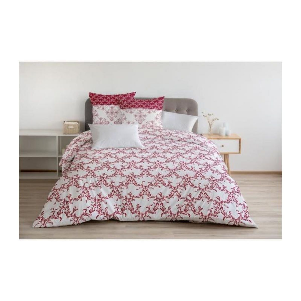 HOME LINGE PASSION Parure de couette 220x240 cm HOME LINGE PASSION FRISE : Housse de couette + 2 taies d'oreiller - 100% Coton 57 Fils - Bordeaux