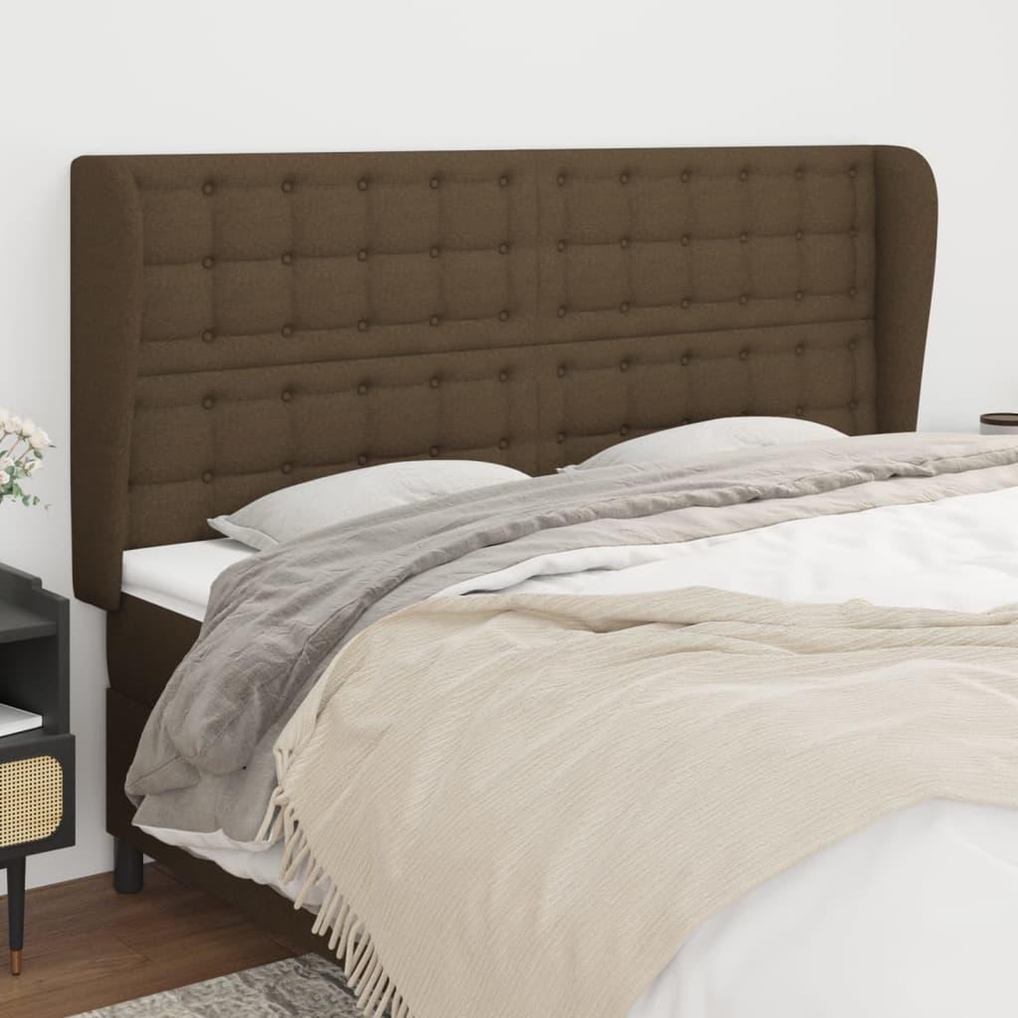 Voir la diapositive 1 : VIDAXL Tete de lit avec oreilles Marron fonce 183x23x118/128 cm Tissu