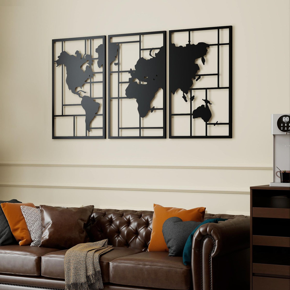HOMCOM Lot de 3 décorations murales métal design graphique carte du monde métal noir