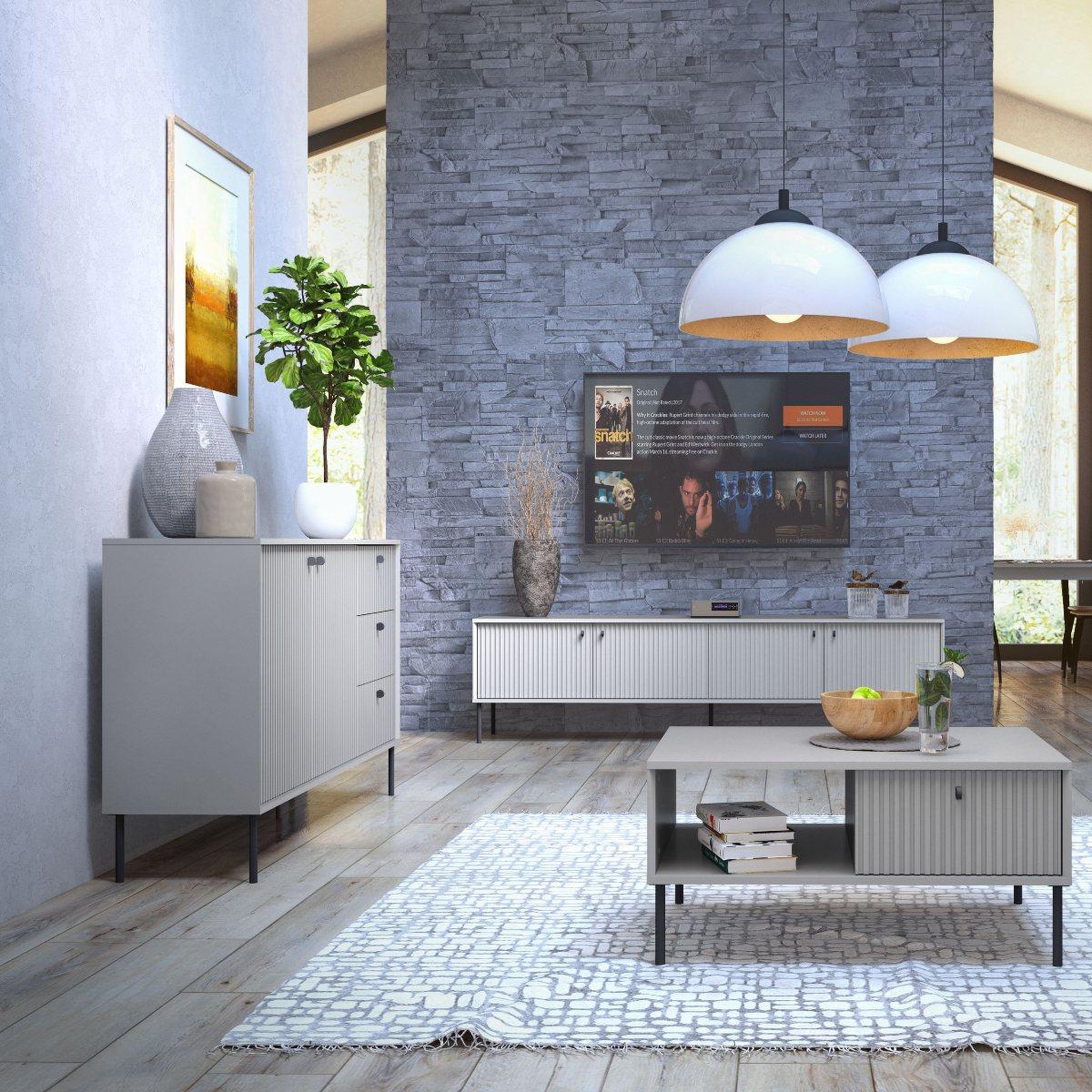 Voir la diapositive 3 : JLC KREATION Buffet bas moderne gris 160cm simy