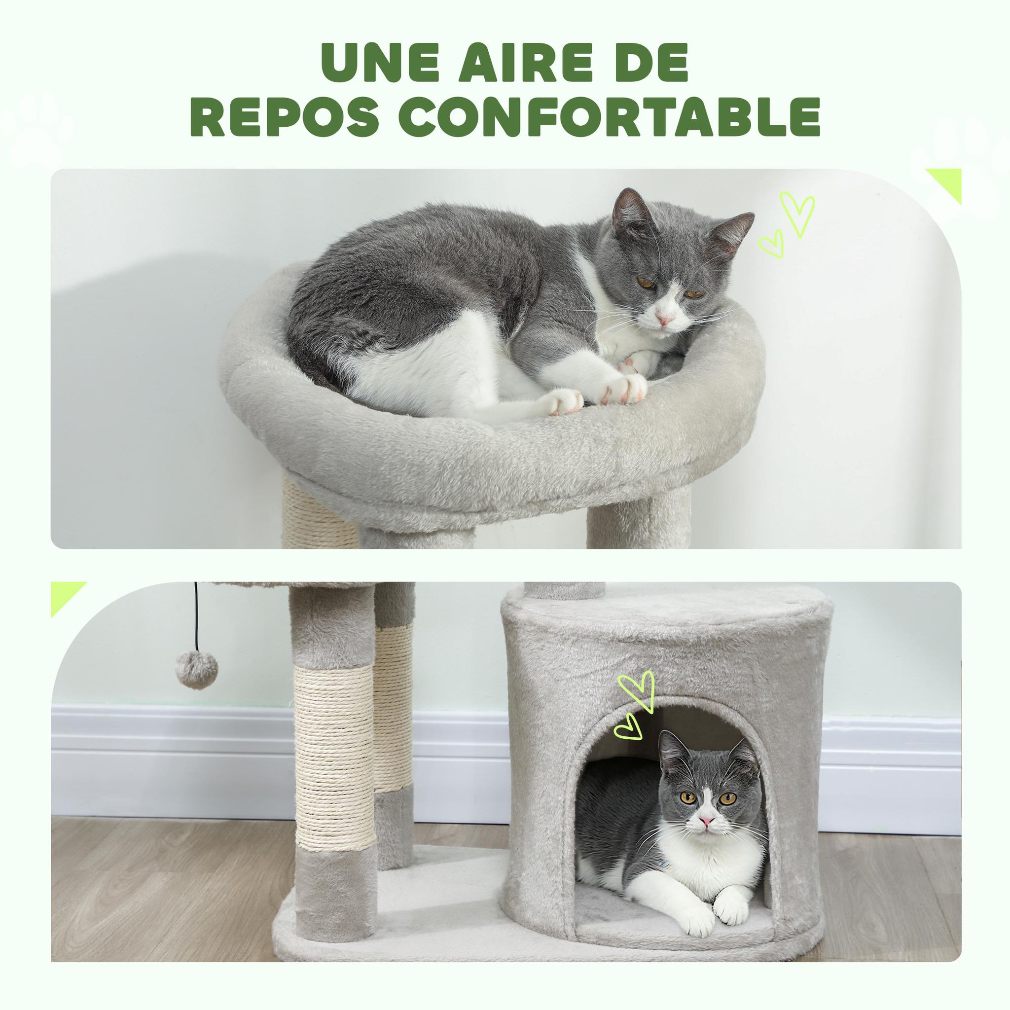 Voir la diapositive 6 : PAWHUT Arbre à chat design gris clair arrondi h.90cm niche 2 plateformes boule griffoirs