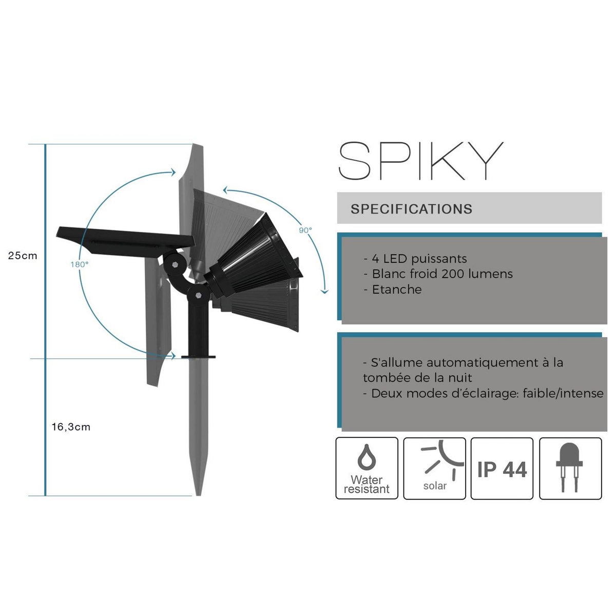 Lumisky Spot solaire projecteur 2 en 1 SPIKY W34 Noir Plastique 100LM