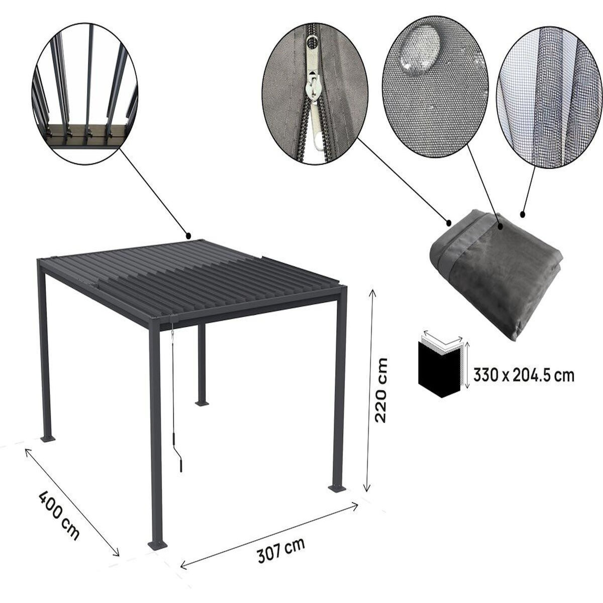 Habitat et Jardin Pergola bioclimatique avec rideau et moustiquaire  Howard  - 3 x 4 m - Gris