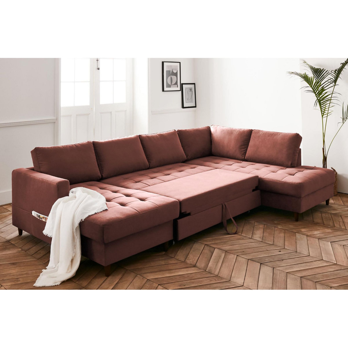 LISA DESIGN Anna - canapé panoramique d'angle droit - 7 places - convertible avec coffre - en velours