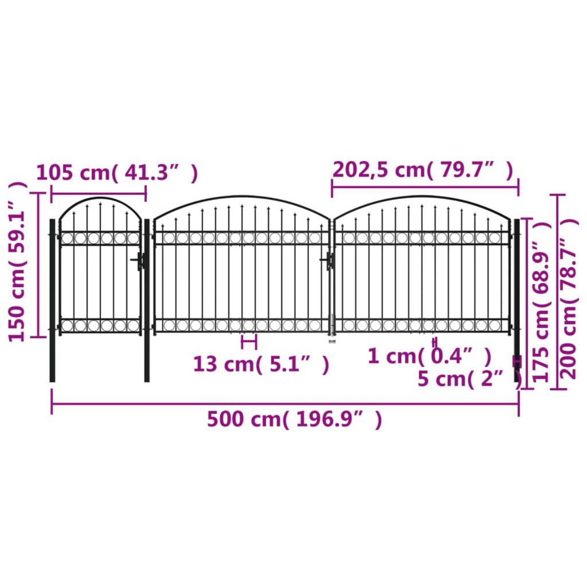 VIDAXL Portail de cloture de jardin avec dessus arque Acier 2x5 m Noir