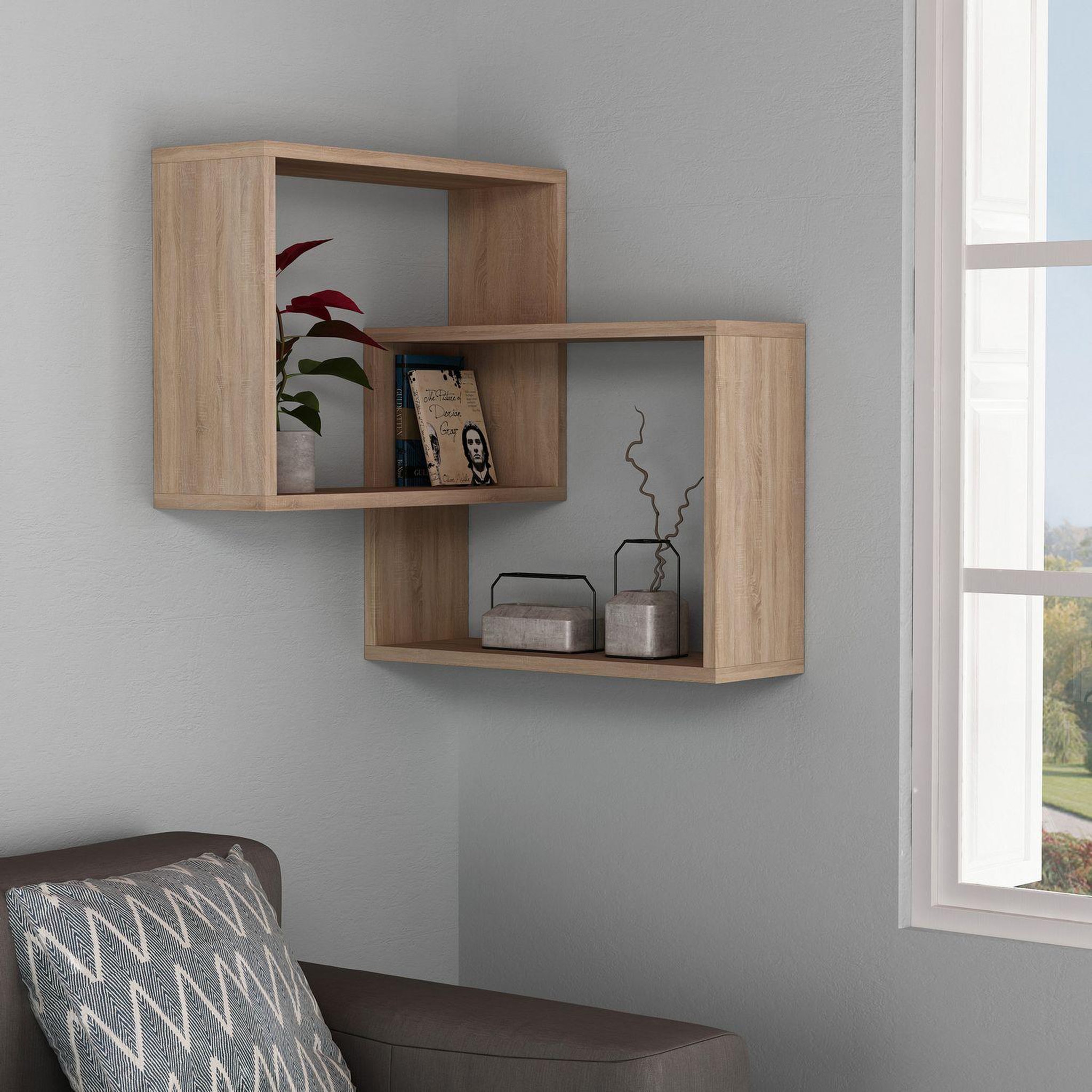 Voir la diapositive 2 : TOILINUX Etagère murale d'angle carrée en bois - Marron