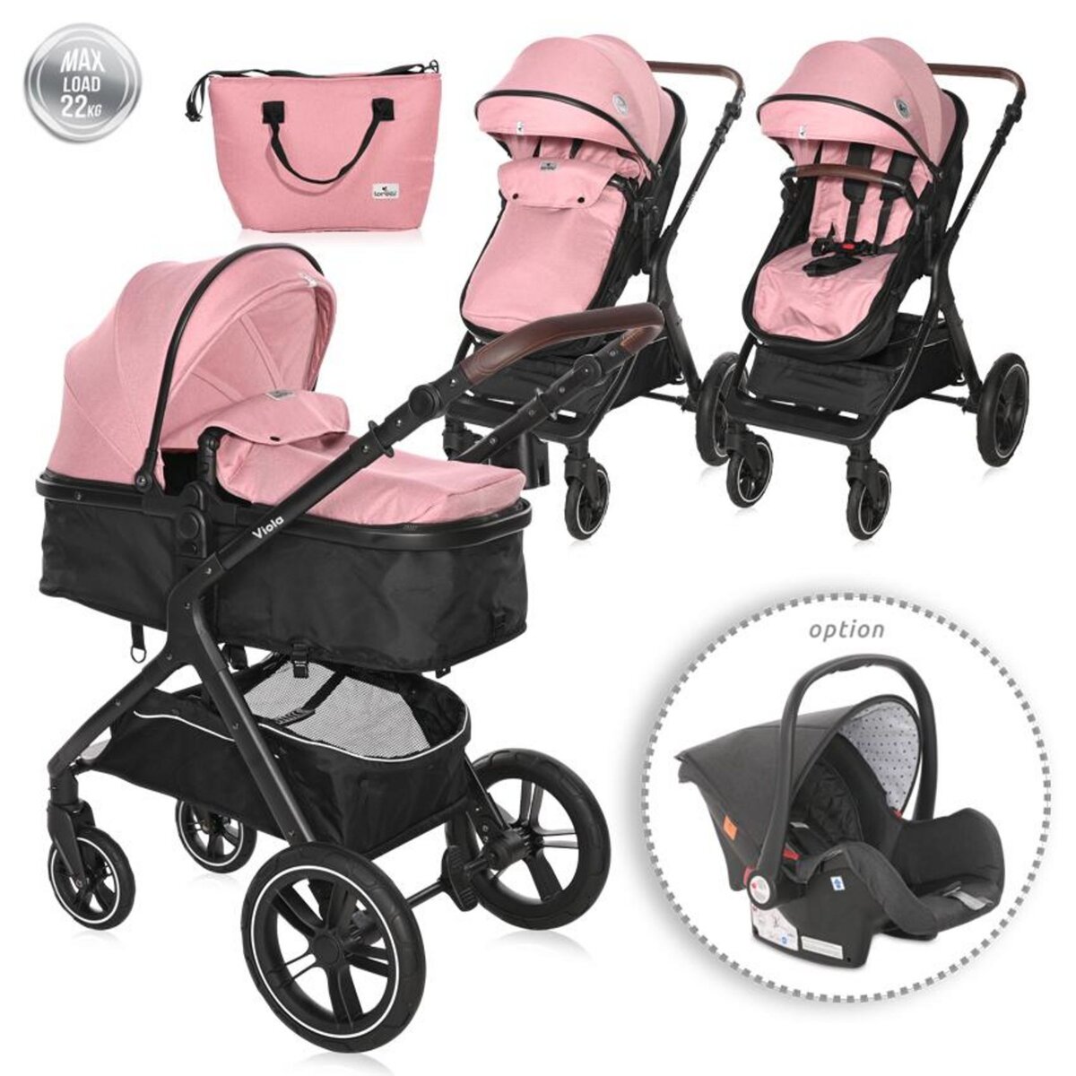 BEBELISSIMO - Poussette combinée trio 3 en 1 - siège auto 0m – nacelle –  dès la naissance – jusqu’à 22kg – Premium - rose