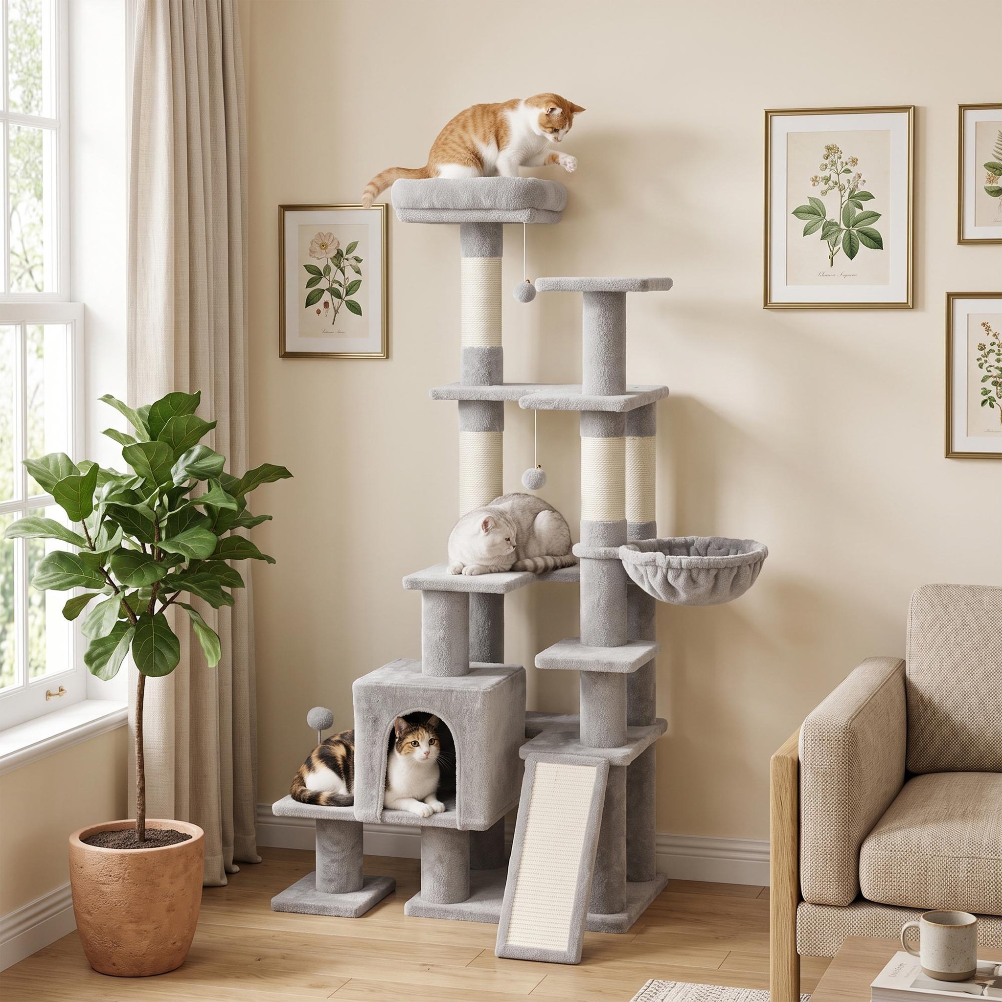 Voir la diapositive 2 : PAWHUT Arbre à chat 5 niv. H.152 cm multi-équipé gris clair