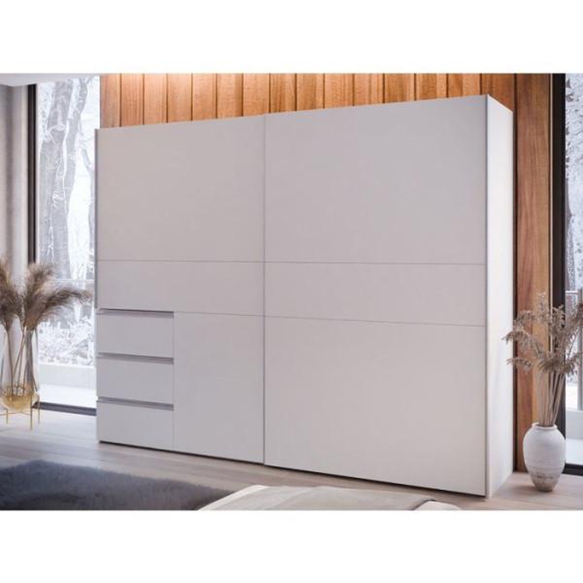 Voir la diapositive 2 : MARKET24 Armoire 2 portes coulissantes 3 tiroirs - Décor blanc mat - L 249 x P 61 x H 200 cm - WINN2