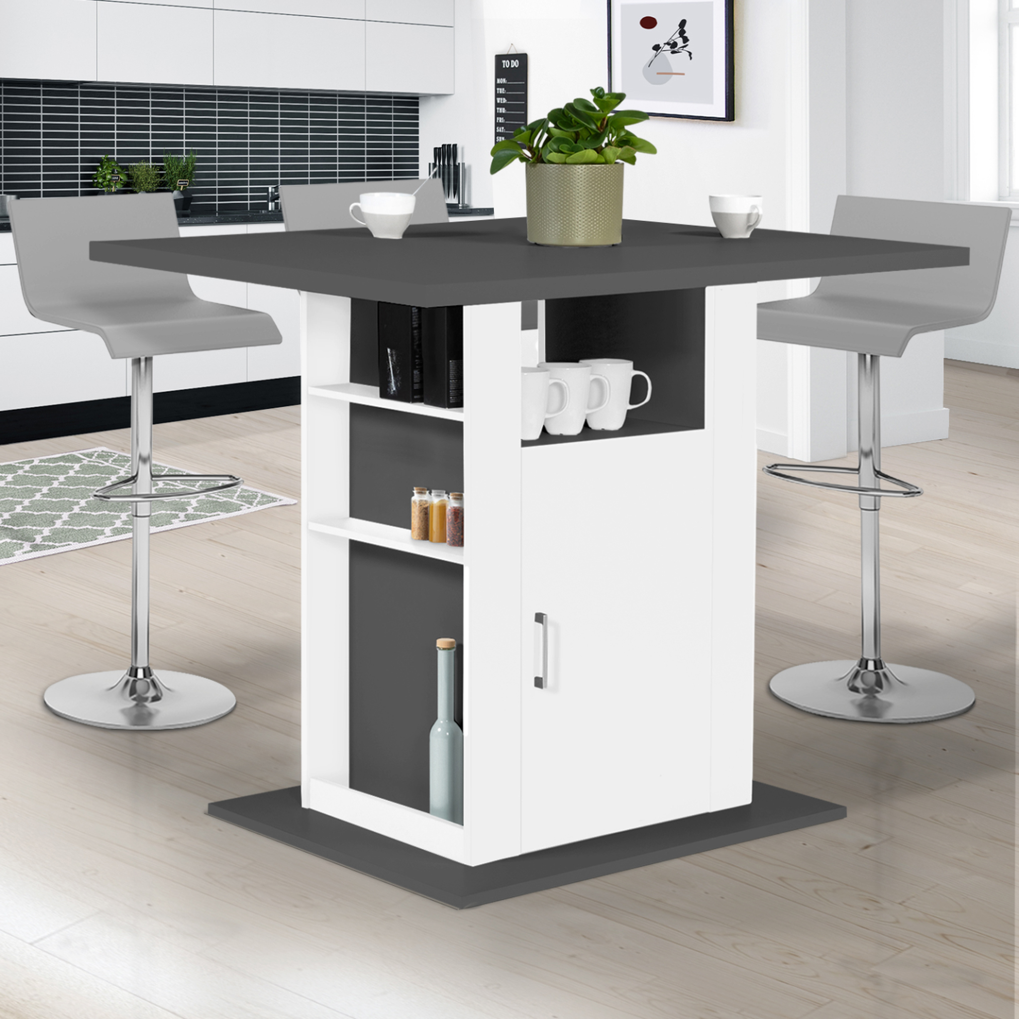 Voir la diapositive 2 : ID MARKET Ilot central ugo 110 cm plateau bois gris et blanc avec rangements