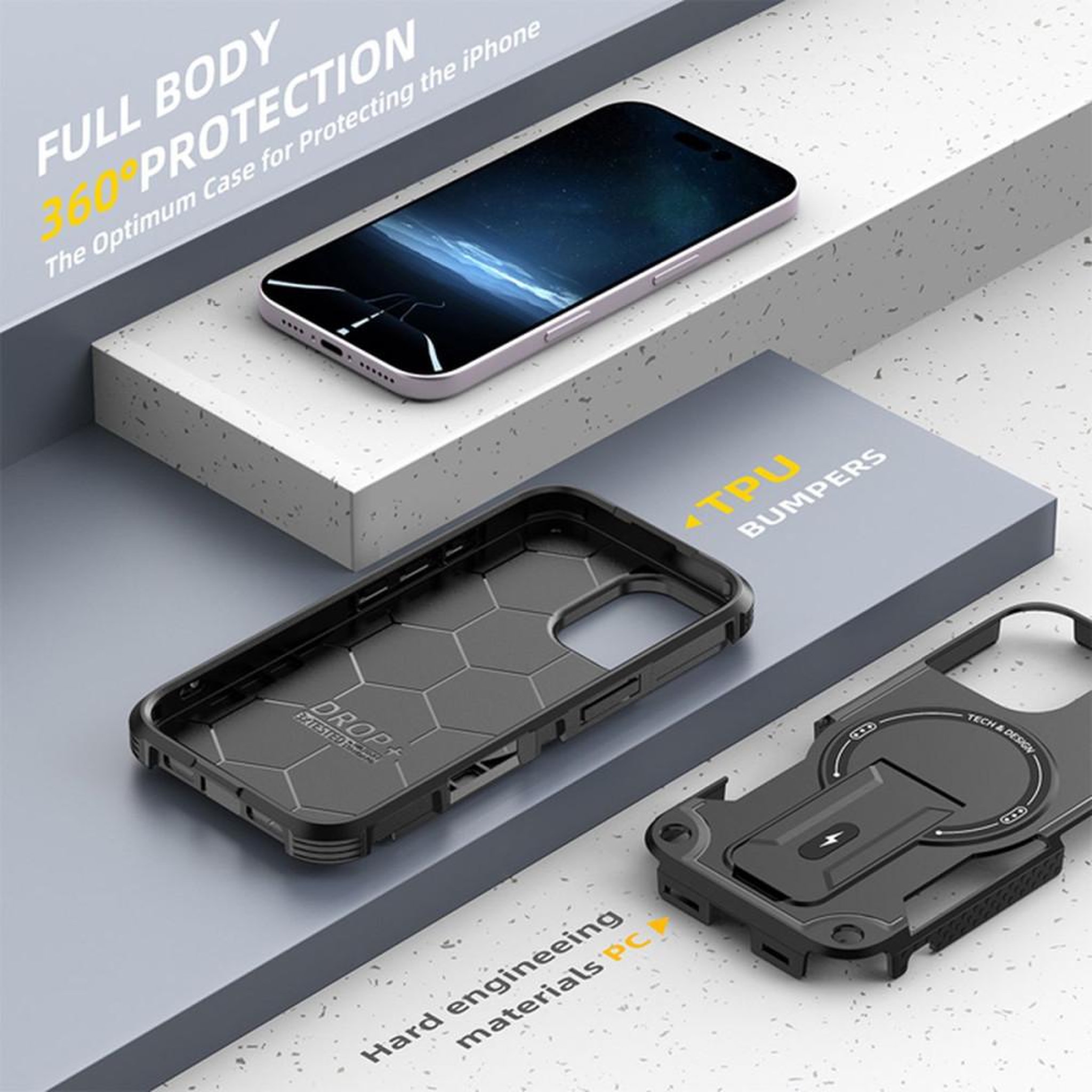 Voir la diapositive 5 : Coque iPhone 16 magnétique MagSafe noire HCT STYLE, protection 360° antichoc, bords relevés pour écran et caméra, angles renforcés, support intégré et compatible chargeur sans fil