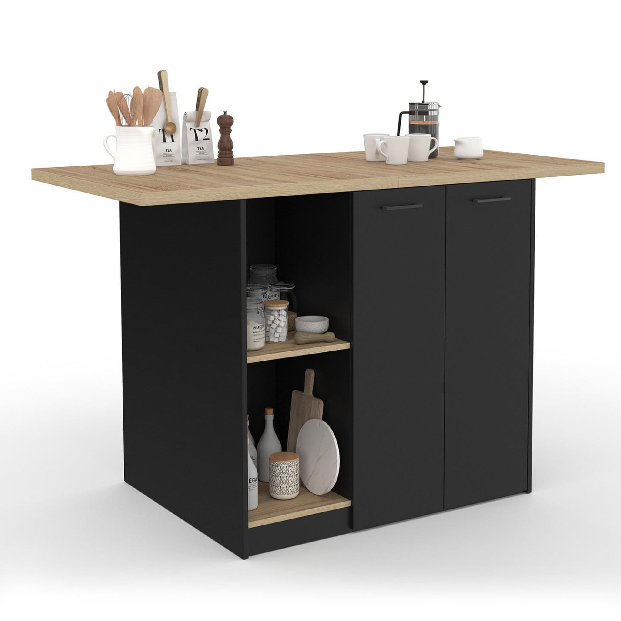 ID MARKET Ilot central bao 140 cm 4 personnes bois noir avec plan de travail façon hêtre