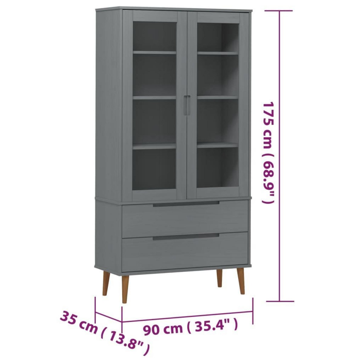 VIDAXL Armoire a vitrine MOLDE Gris 90x35x175 cm Bois de pin massif