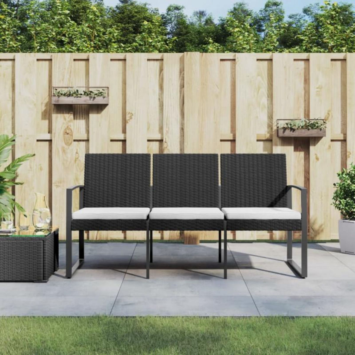 VIDAXL Banc de jardin à 3 places avec coussins noir rotin PP