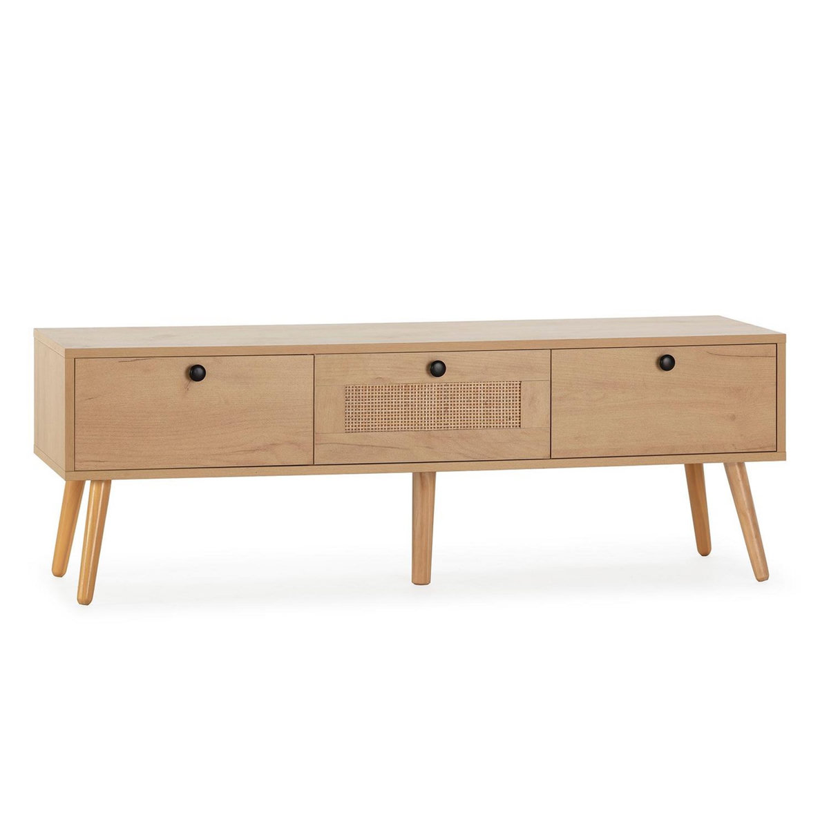 VS VENTA-STOCK Meuble TV Bella 3 Portes Couleur Chêne avec Rotin Naturel