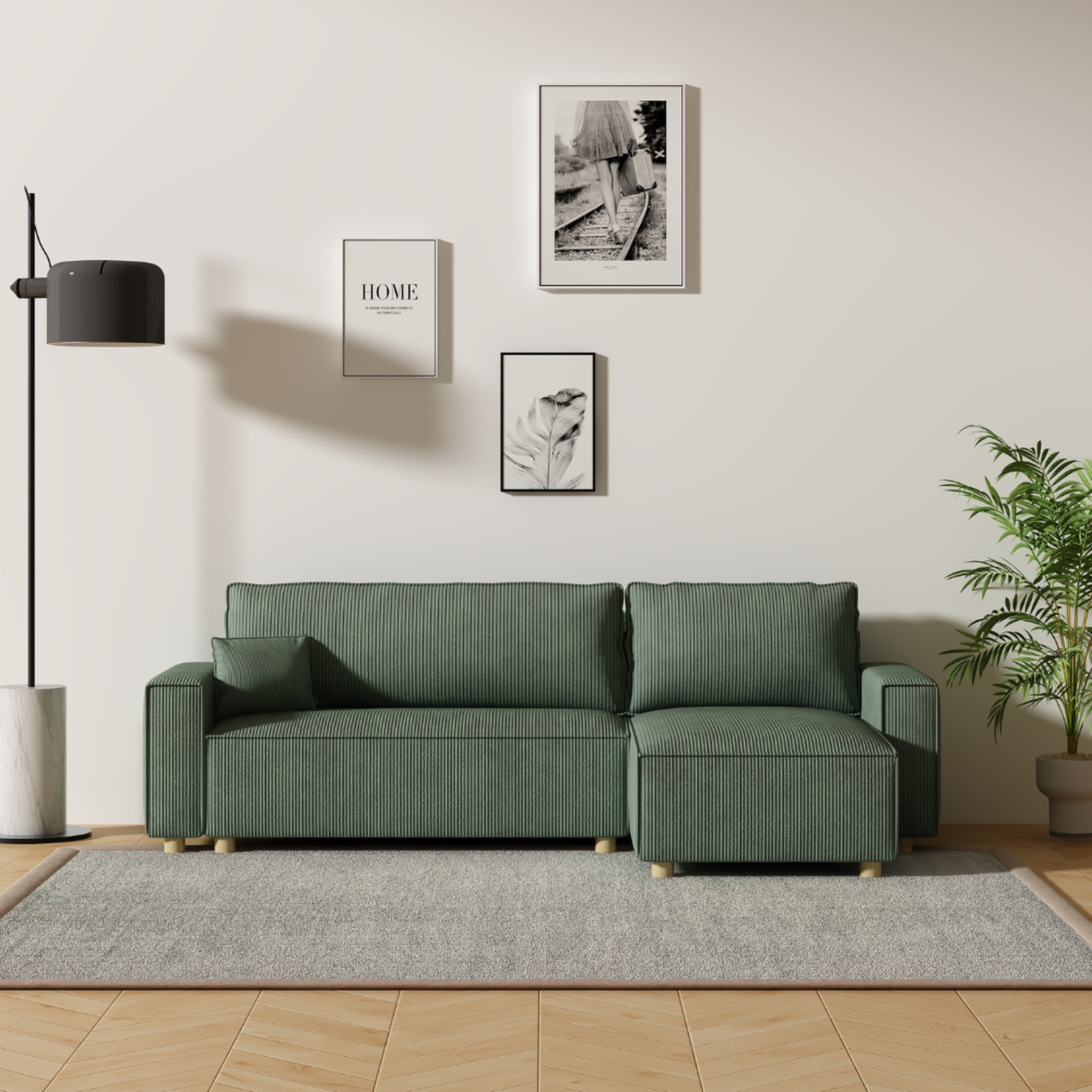 Voir la diapositive 2 : CONCEPT USINE Canapé convertible d'angle en velours côtelé vert cosy