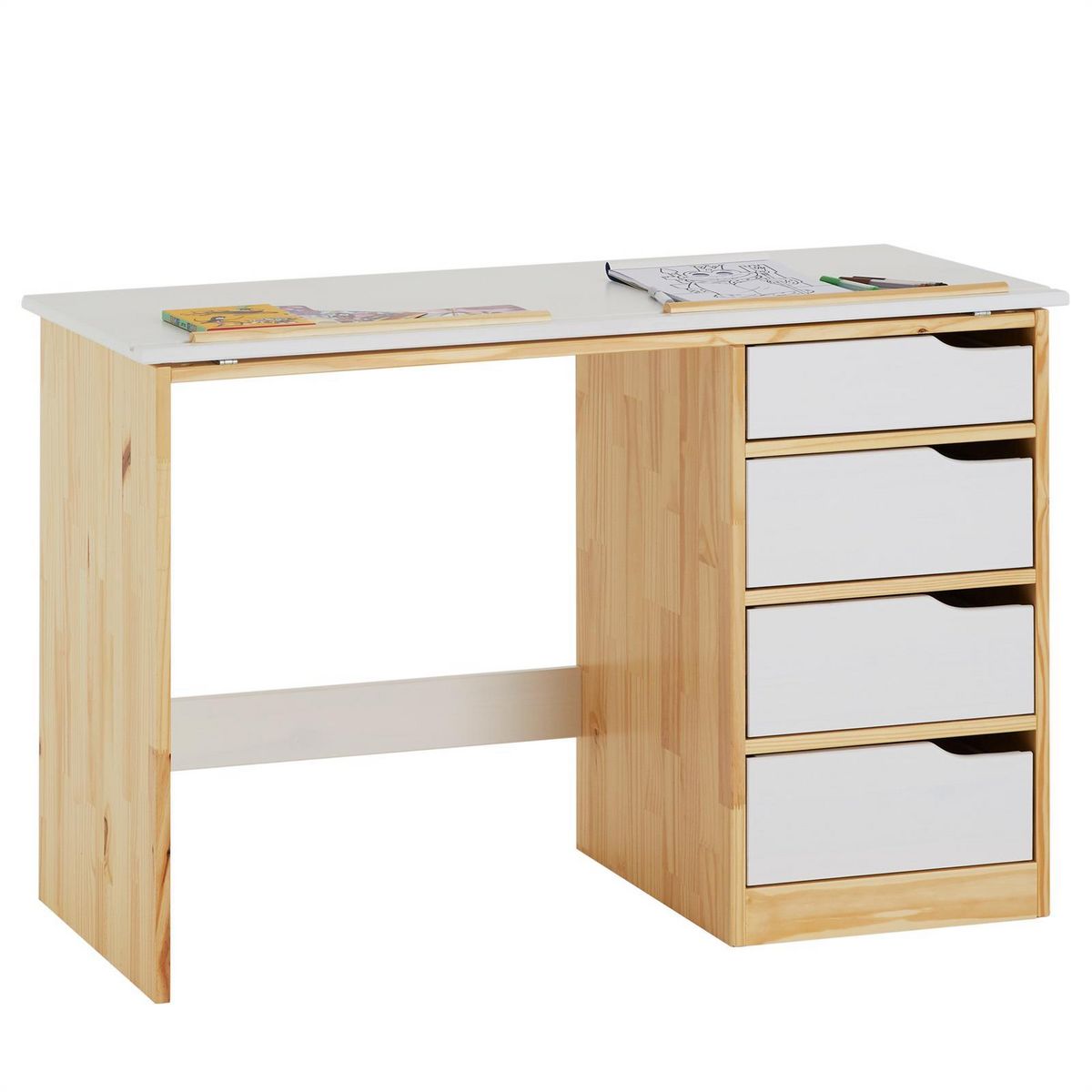 IDIMEX Bureau enfant EMMA, en pin massif, 4 tiroirs et plateau inclinable