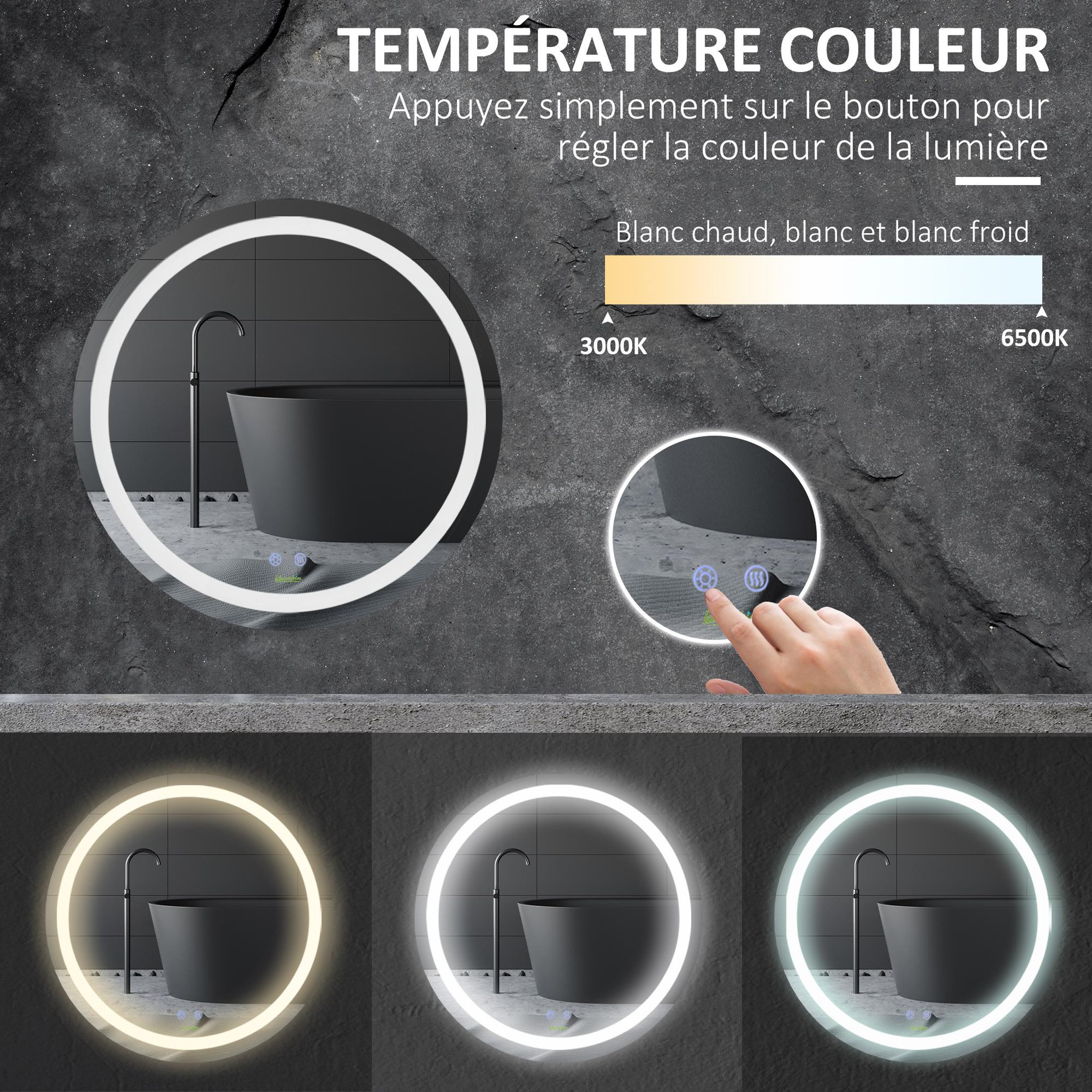 Voir la diapositive 6 : KLEANKIN Miroir salle de bain lumineux LED 35 W - dim. Ø 60 x 4H cm - fonction anti-buée, interrupteur tactile, luminosité réglable - alu. verre