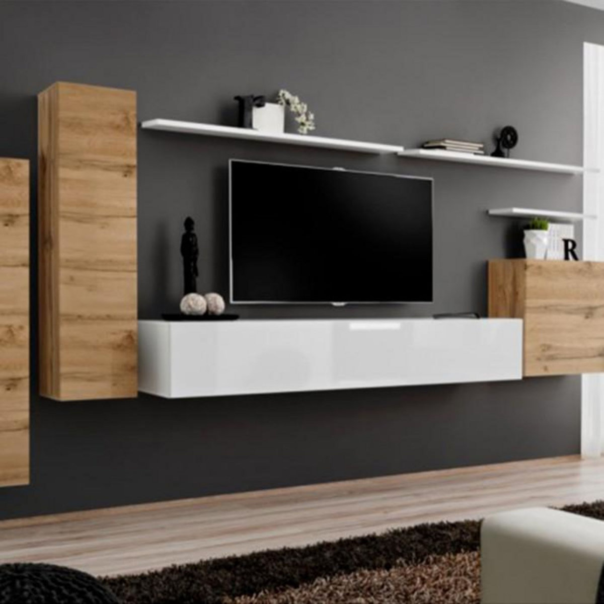 Paris Prix Meuble TV Mural Design  Switch I  330cm Naturel & Blanc