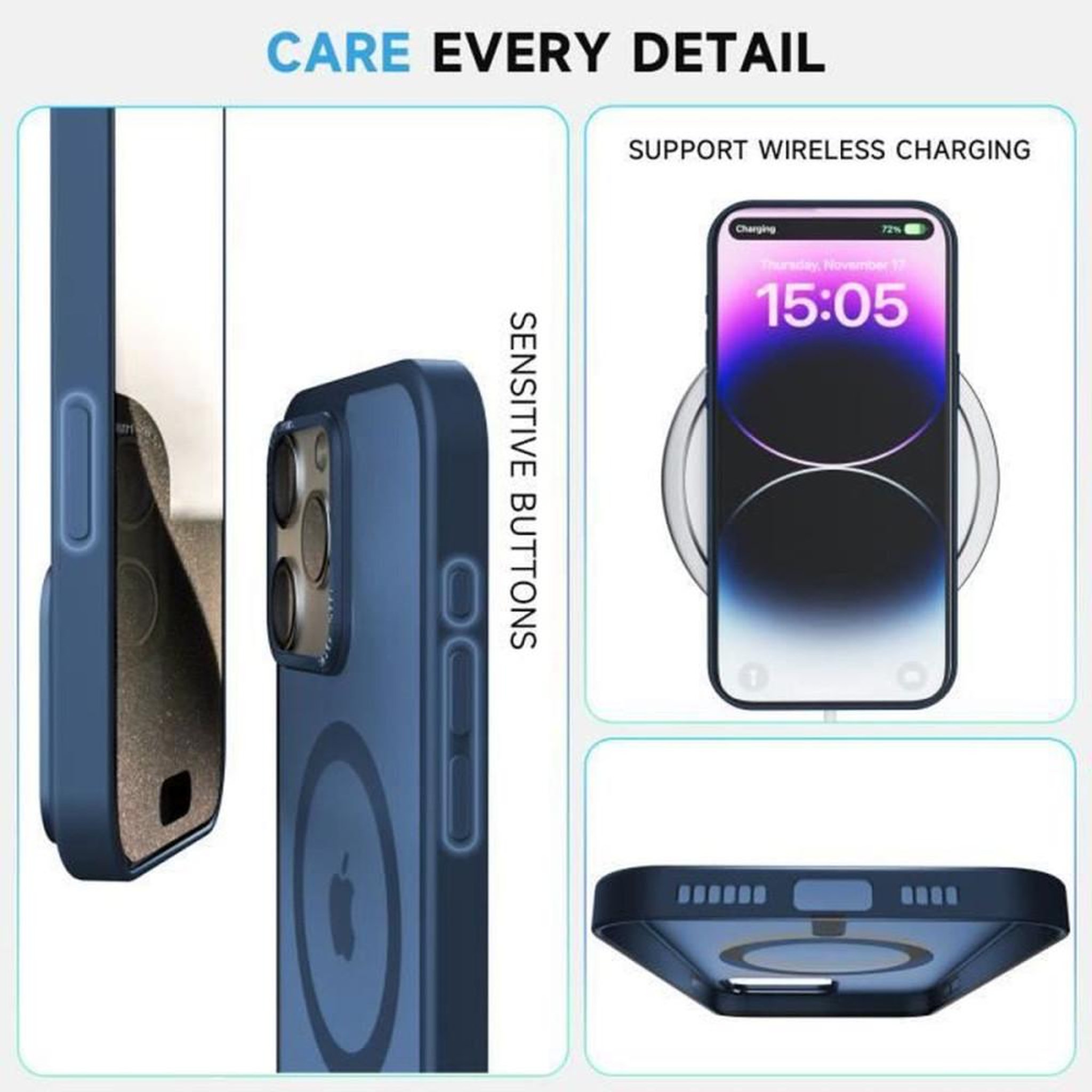 Voir la diapositive 4 : Coque iPhone 15 Pro bleu finition mate ultra-fine compatible MagSafe + 2 protections écran en verre trempé