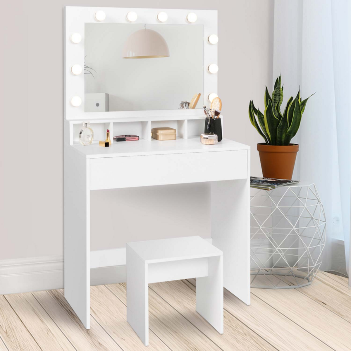 ID MARKET Coiffeuse ZELIA miroir LED avec 4 niches, 1 tiroir et tabouret