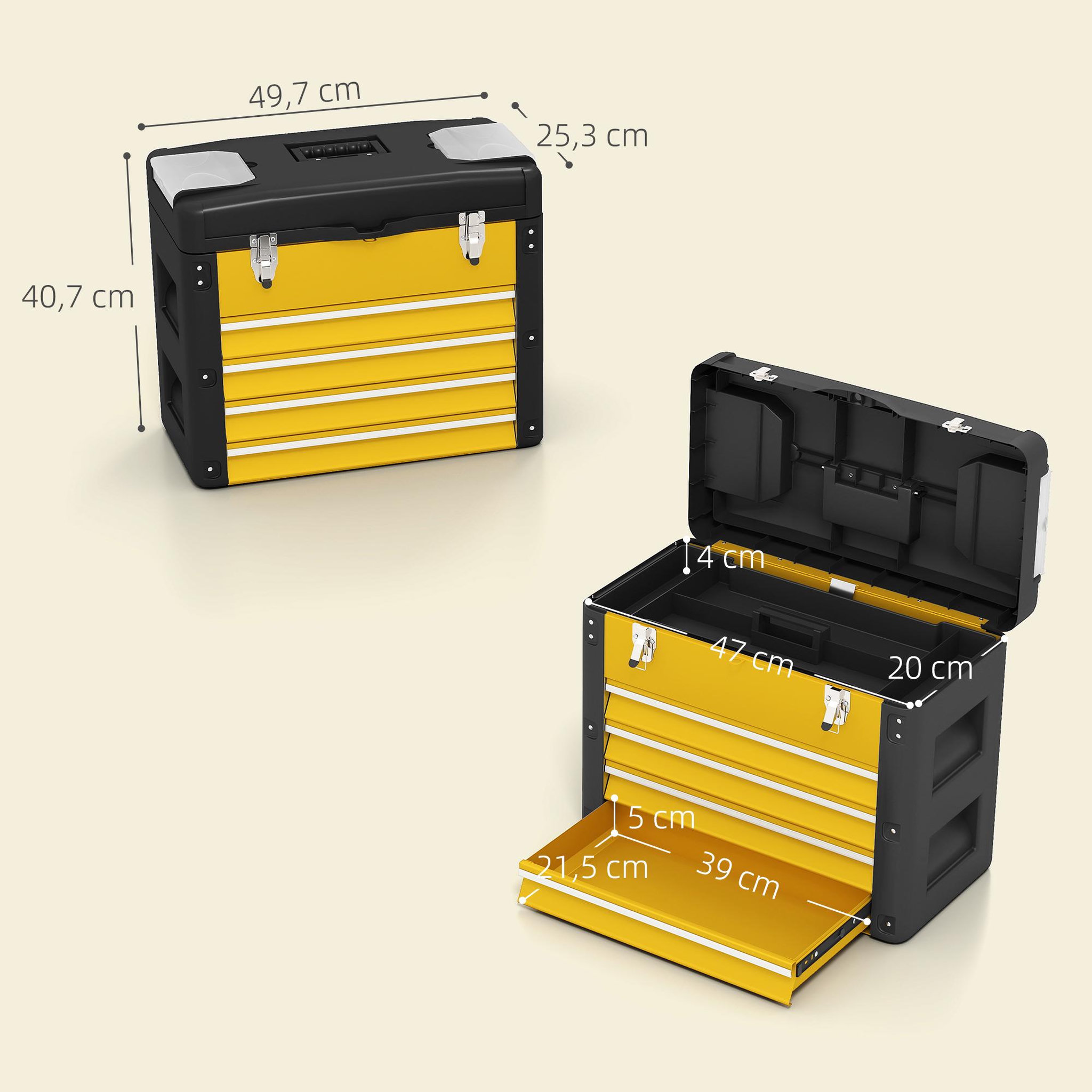 Voir la diapositive 3 : HOMCOM Boîte à outils 4 tiroirs plateau amovible 2 boites visserie acier pp noir jaune