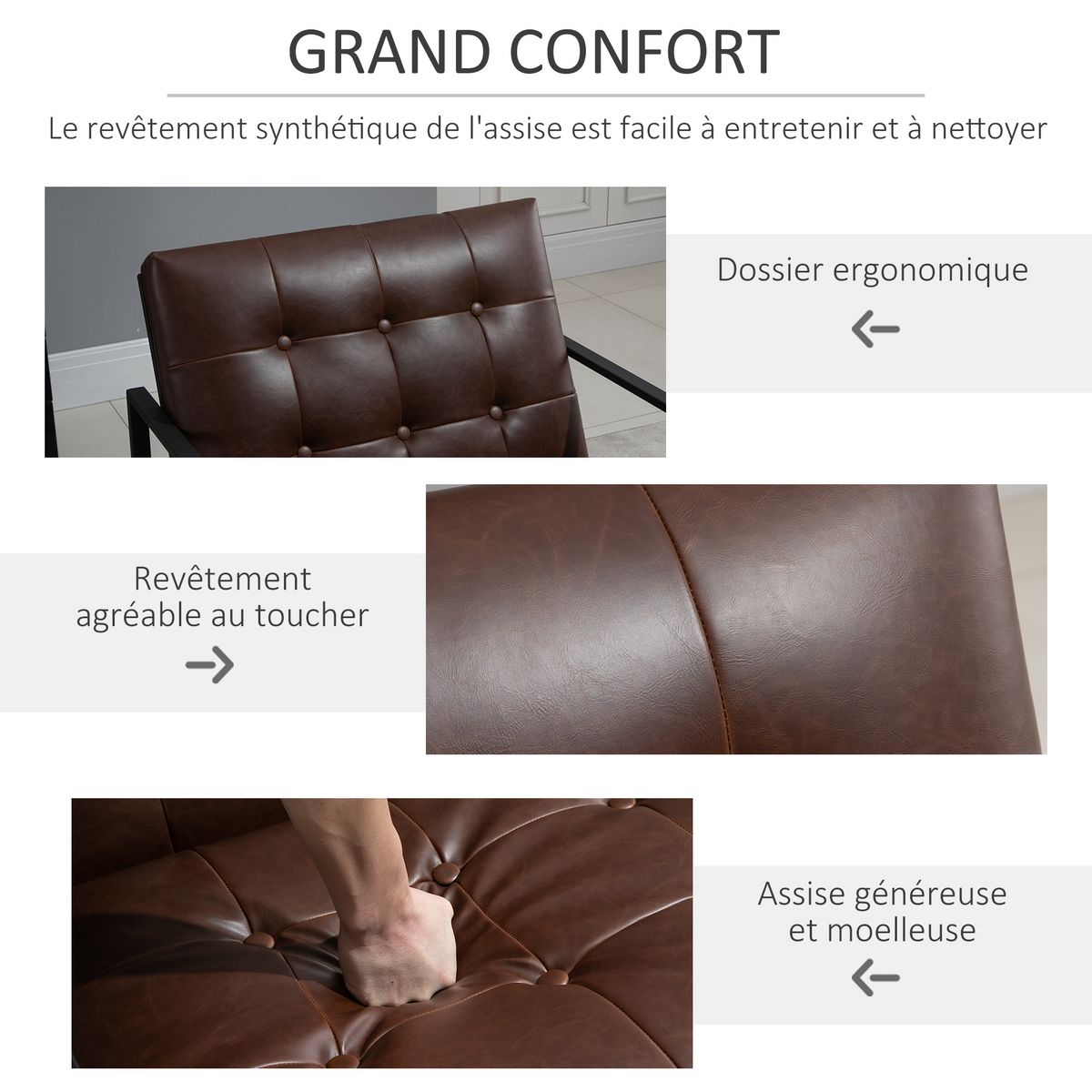 HOMCOM Fauteuil lounge Chesterfield assise dossier capitonnés structure métal noir revêtement synthétique chocolat