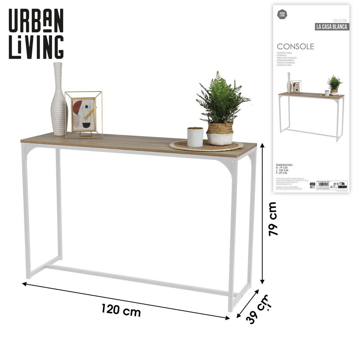 TOILINUX Console Casa Blanca en panneaux de particules et Métal - L.120 cm x H.79 cm - Beige et Blanc