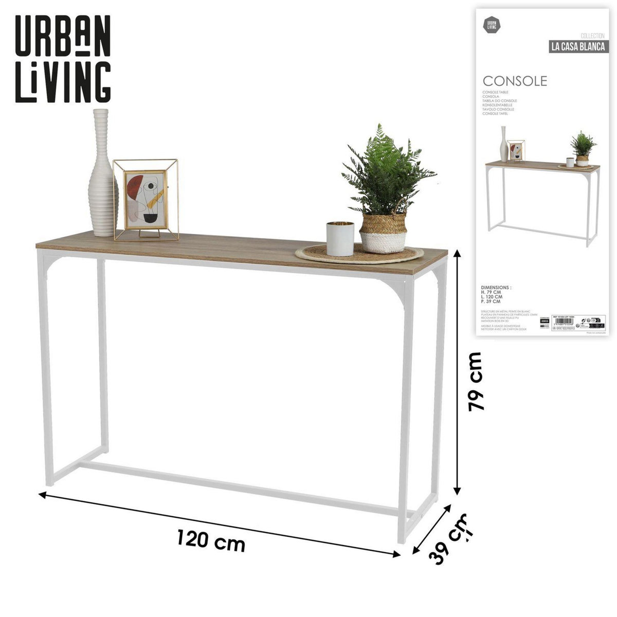 TOILINUX Console Casa Blanca en panneaux de particules et Métal - L.120 cm x H.79 cm - Beige et Blanc