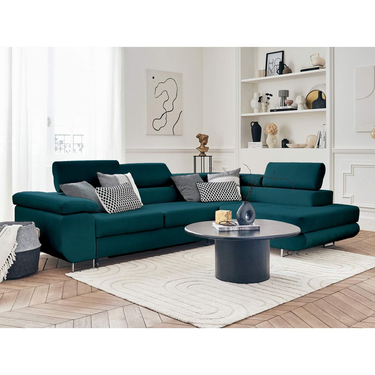 BEST MOBILIER Pablo - canapé d'angle droit - 5 places - convertible avec coffre et têtières réglables - en velours