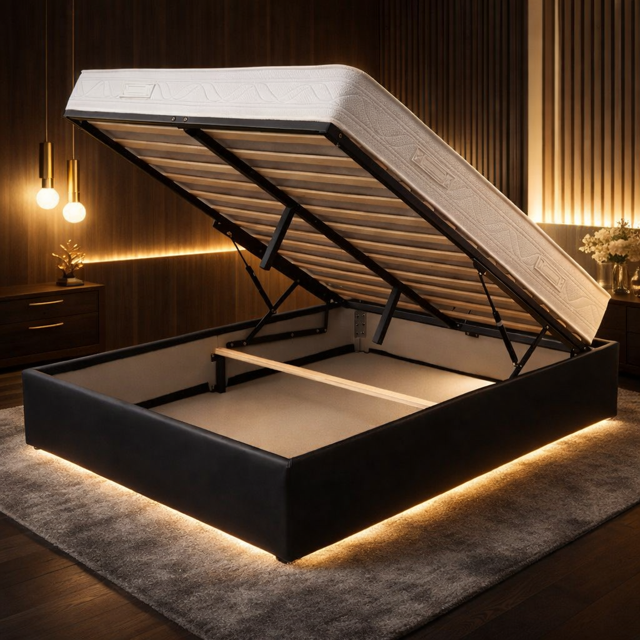 Voir la diapositive 1 : KING OF DREAMS Ensemble Lit Coffre et Matelas  Soutien Ferme Mousse
