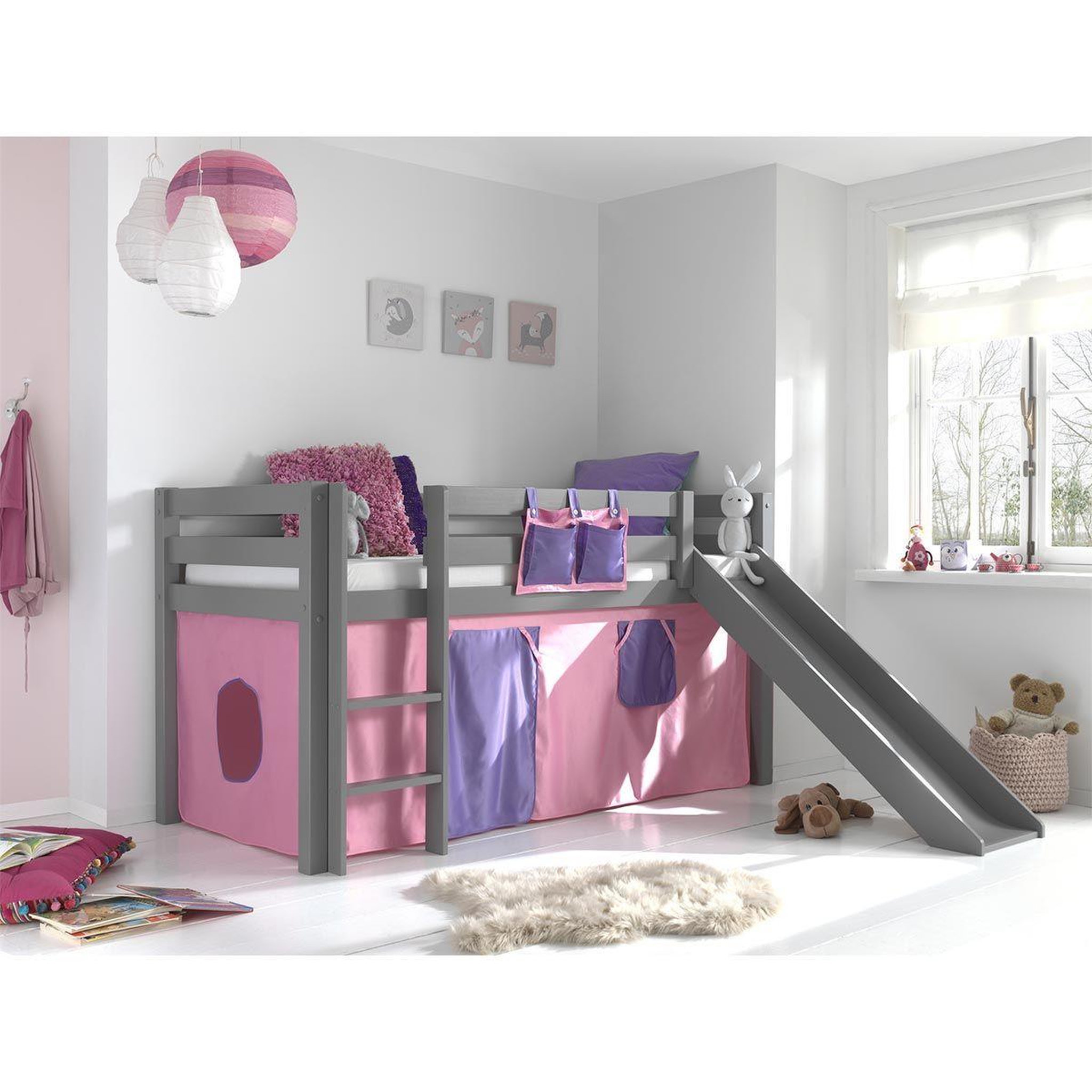 Voir la diapositive 2 : Paris Prix Pack - lit enfant toboggan & tente  pino rose  gris