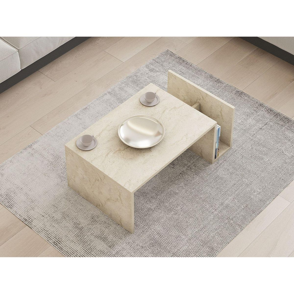 TOILINUX Table basse porte magazine effet travertin - Beige
