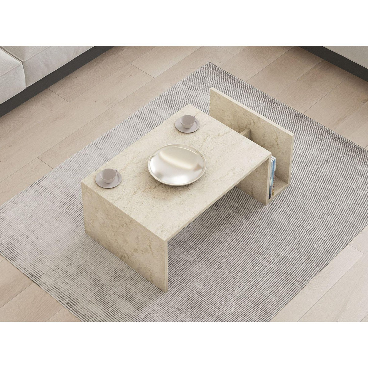 TOILINUX Table basse porte magazine effet travertin - Beige