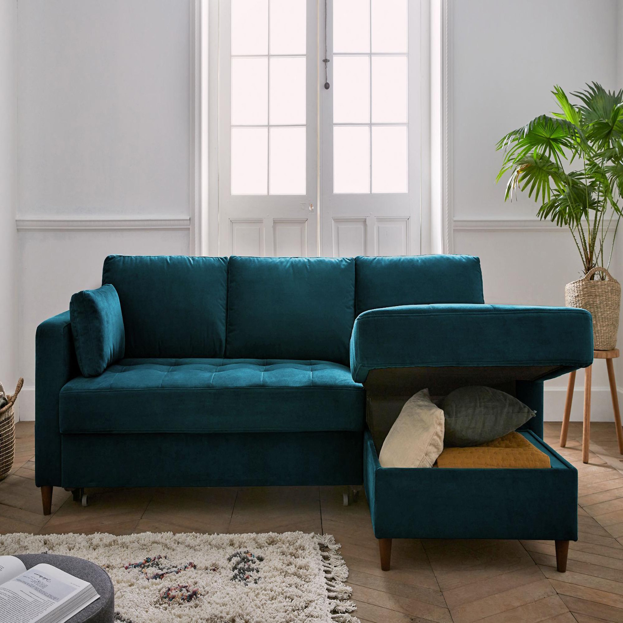 Voir la diapositive 4 : BEST MOBILIER Anna - canapé d'angle droit - 4 places - convertible avec coffre - en velours