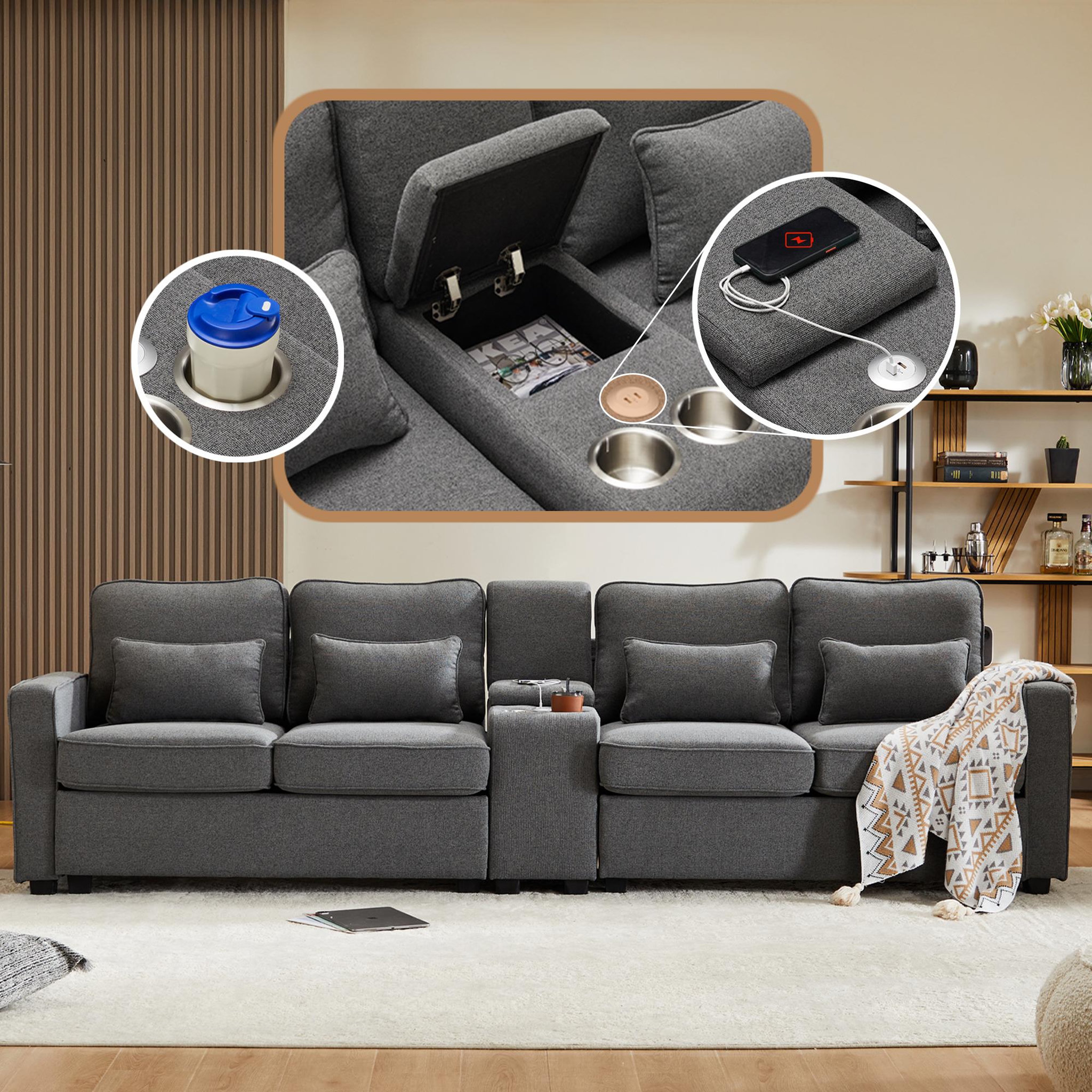 Voir la diapositive 3 : MERAX Canapé 4 Places Fixe Lin Avec 2 Porte-gobelets, 2 Ports USB