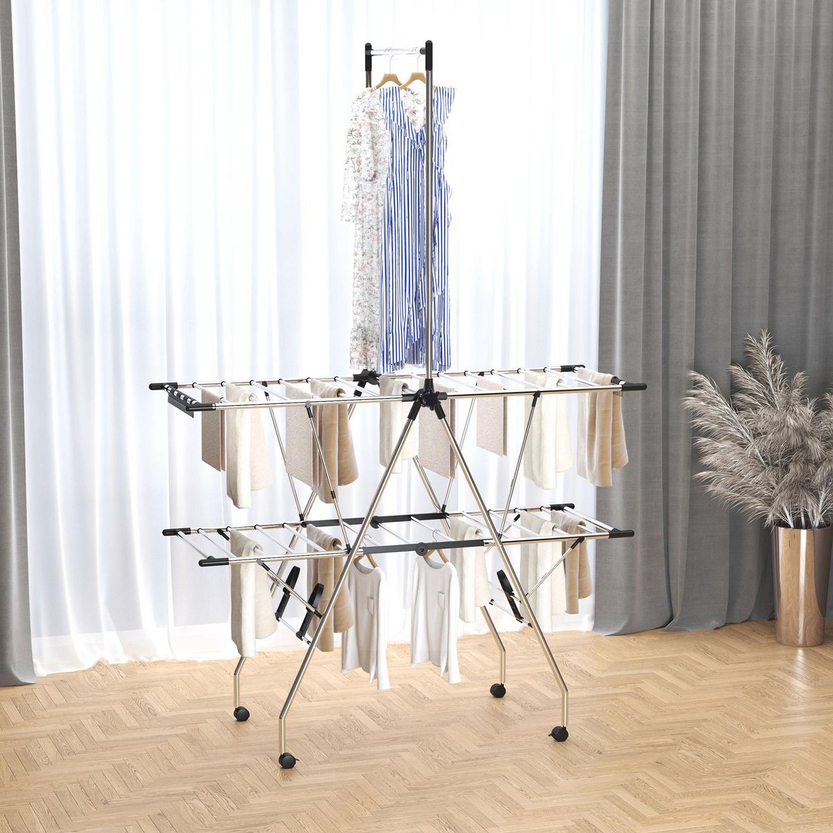 HOMCOM HOMCOM Séchoir à linge étendoir à vêtements pliable réglable avec barre de penderie et roulettes acier inox. PP noir